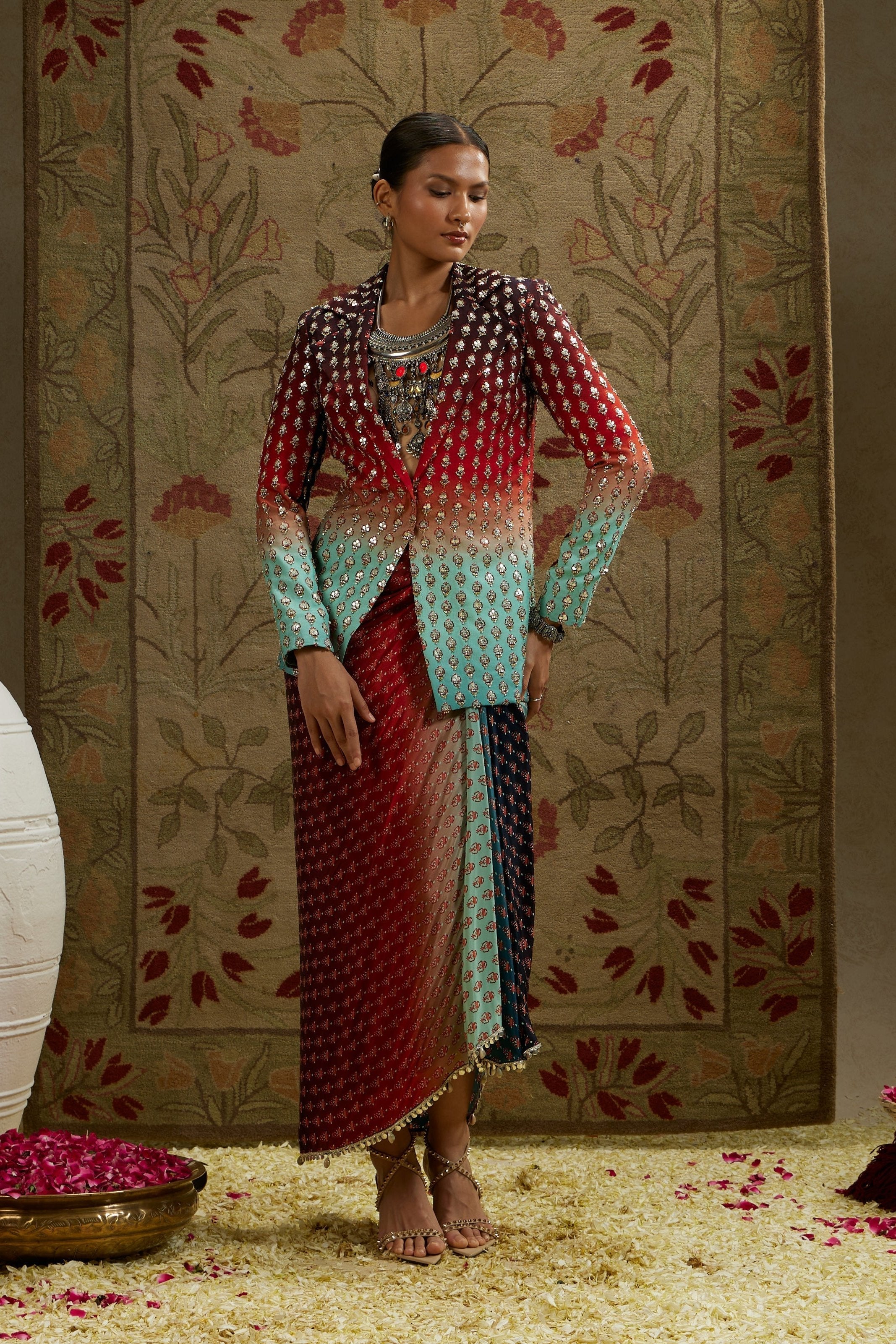 RED BLUE OMBRE PRINT EMBELLISHED BLAZER PAIRED WITH DRAPE SKIRT