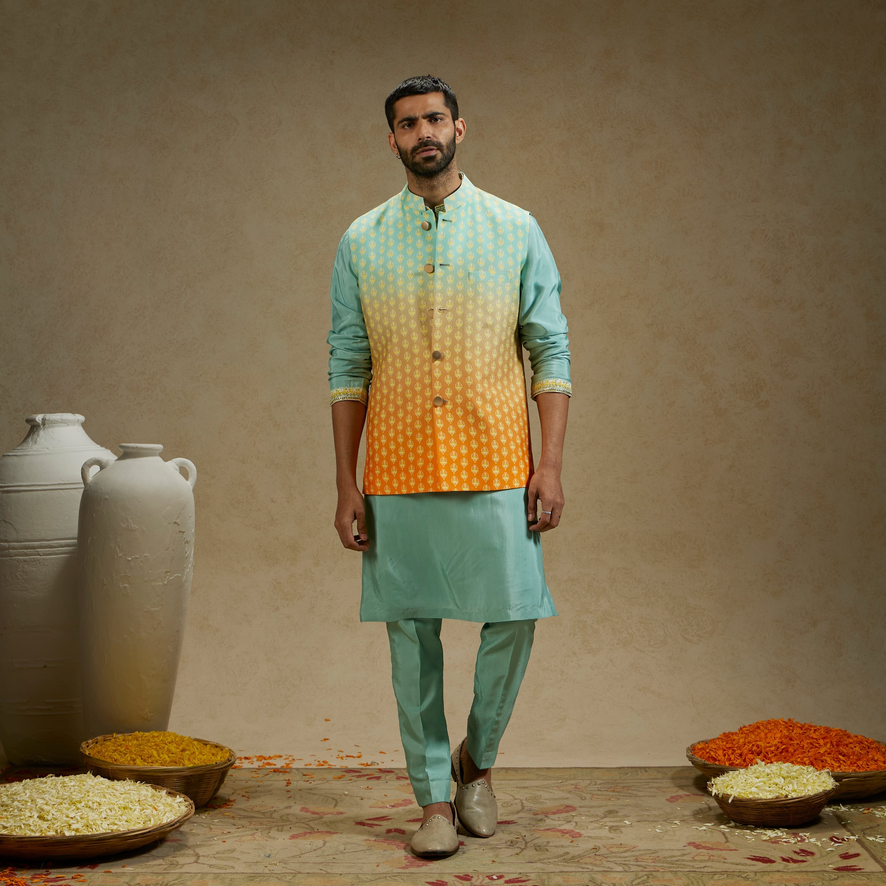 ORANGE BLUE OMBRE BUTTI PRINTED BUNDI