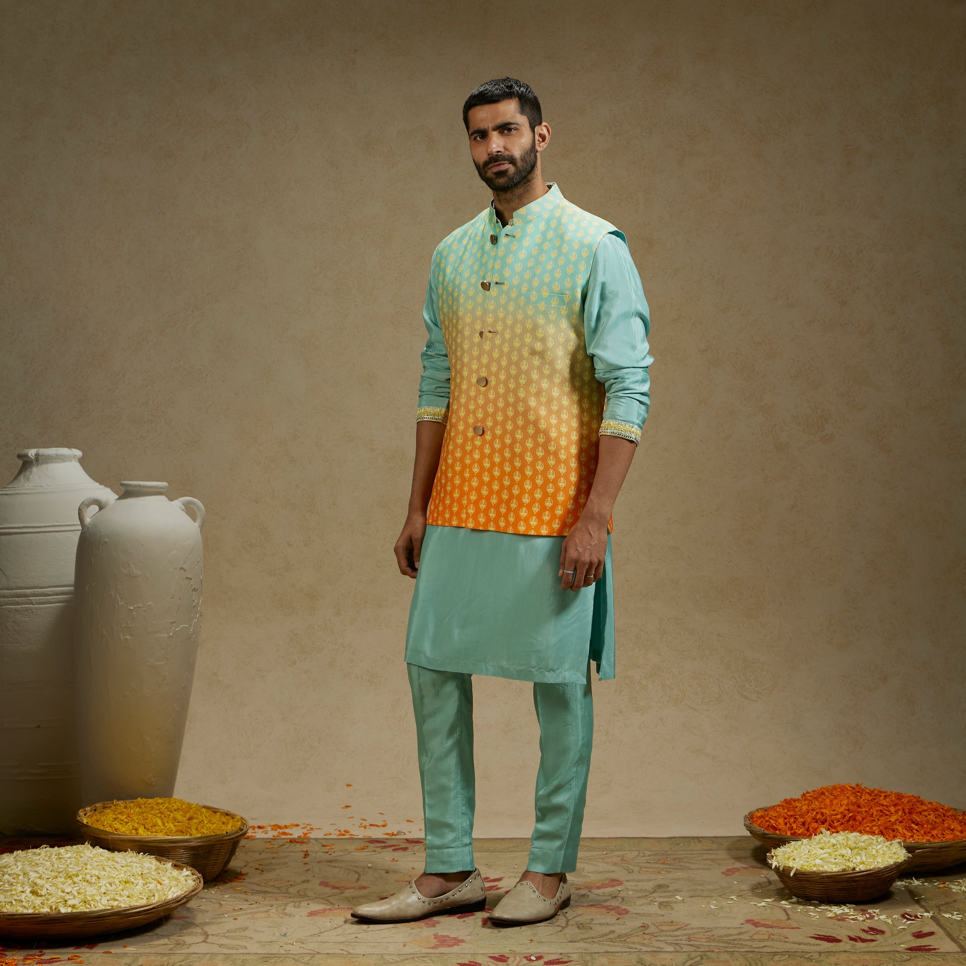 ORANGE BLUE OMBRE BUTTI PRINTED BUNDI