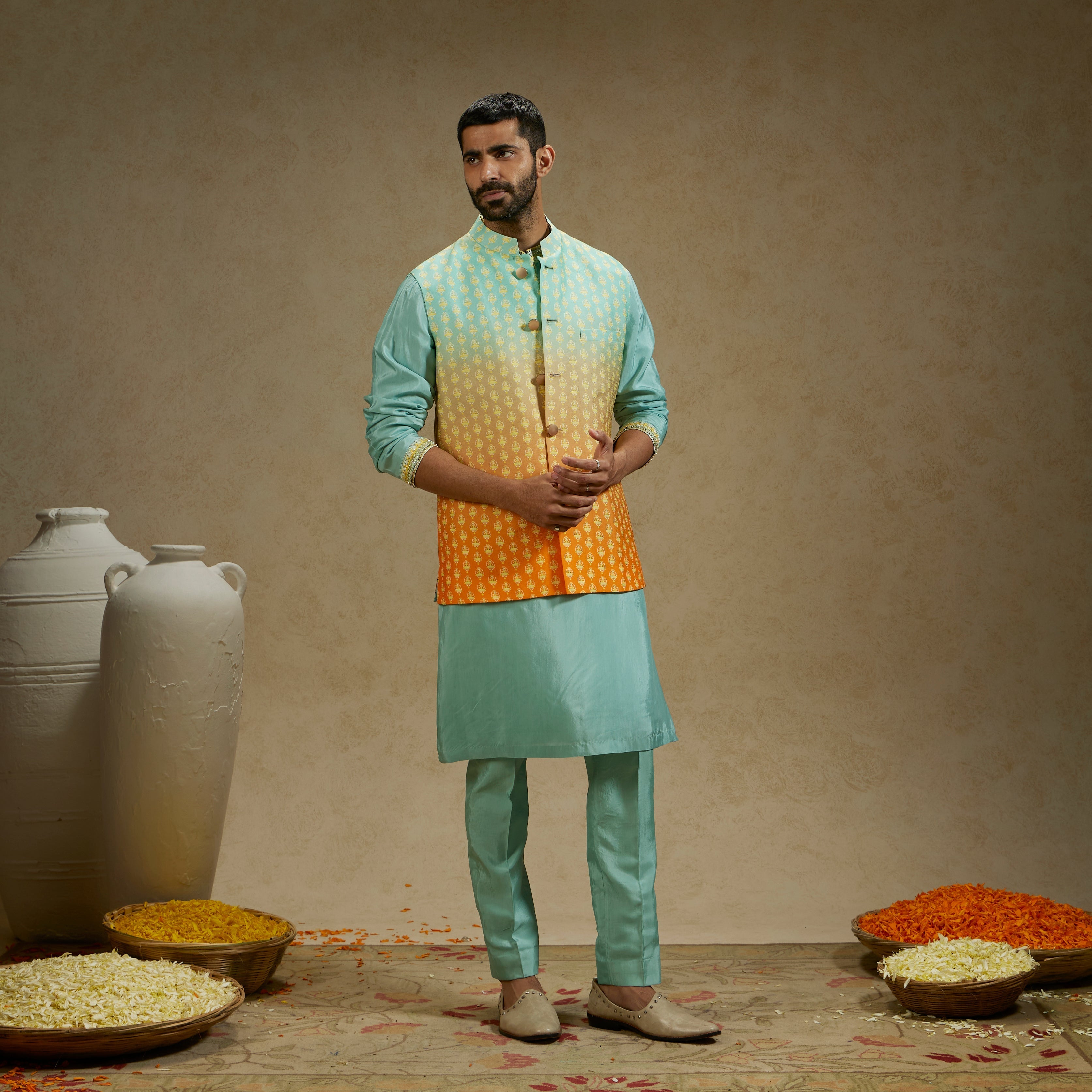 ORANGE BLUE OMBRE BUTTI PRINTED BUNDI