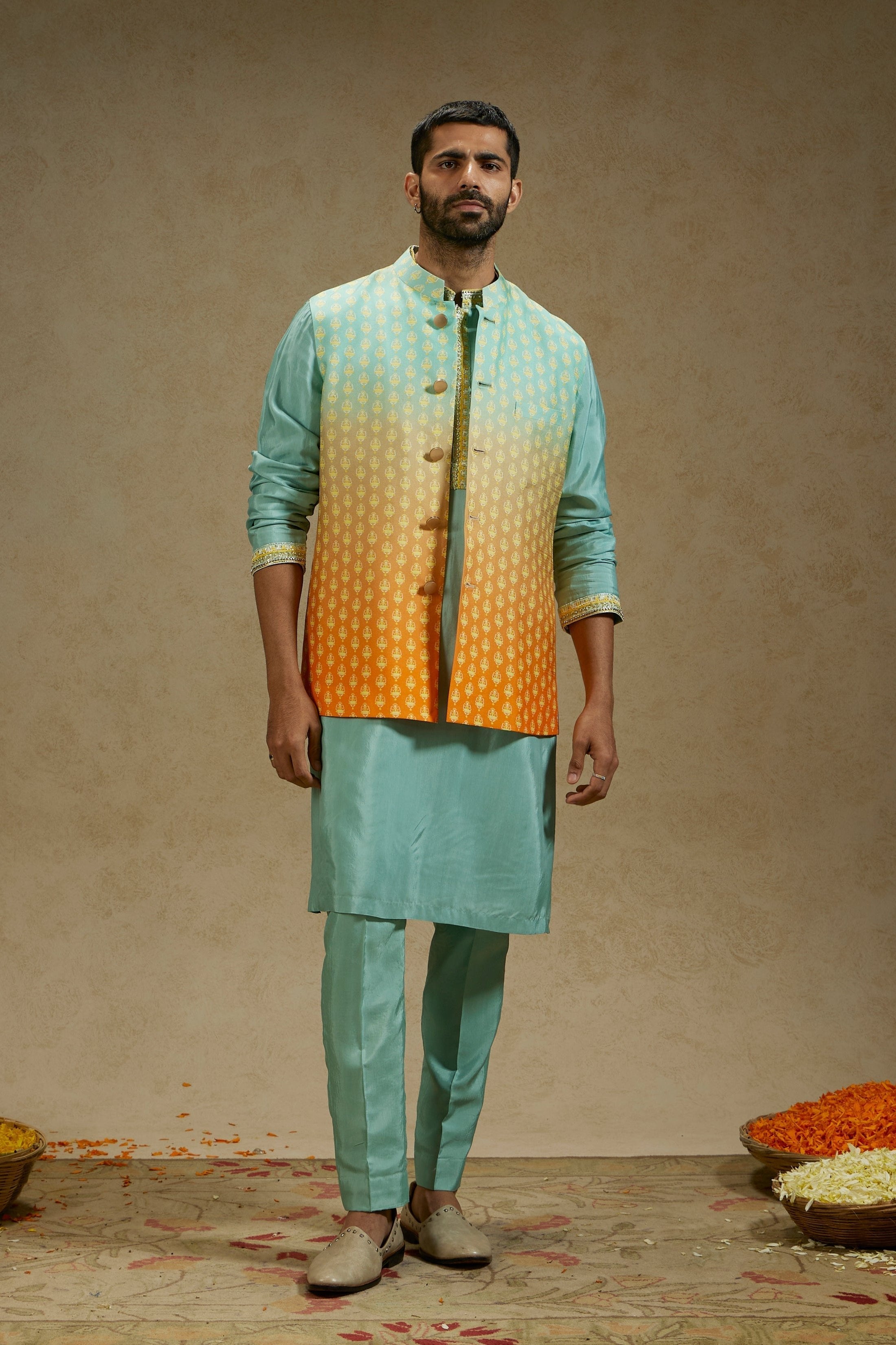 ORANGE BLUE OMBRE BUTTI PRINTED BUNDI
