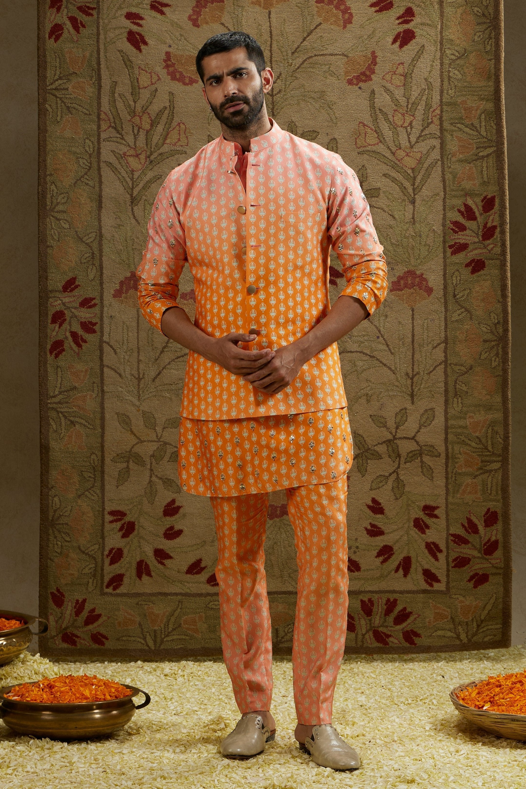 ORANGE PINK OMBRE BUTTI PRINTED BUNDI