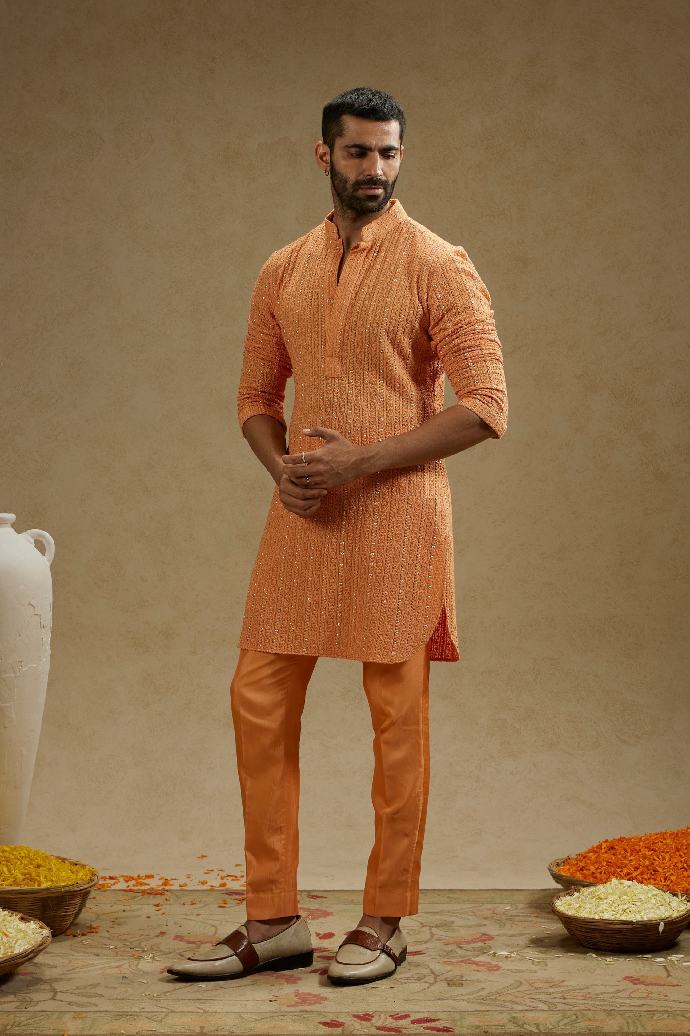 ORANGE METAL EMBELLISHED LUCKNOWI KURTA WITH PANTS