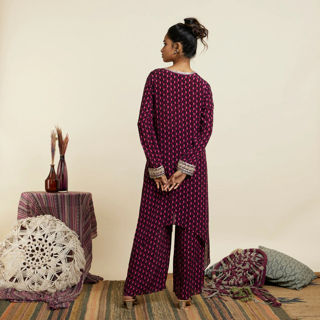 WINE GEOMETRIC PRINT FRONT TIE UP TUNIC SET