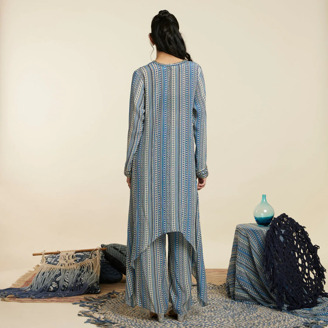 BLUE BOHO STRIPE FRONT TIE UP TUNIC SET