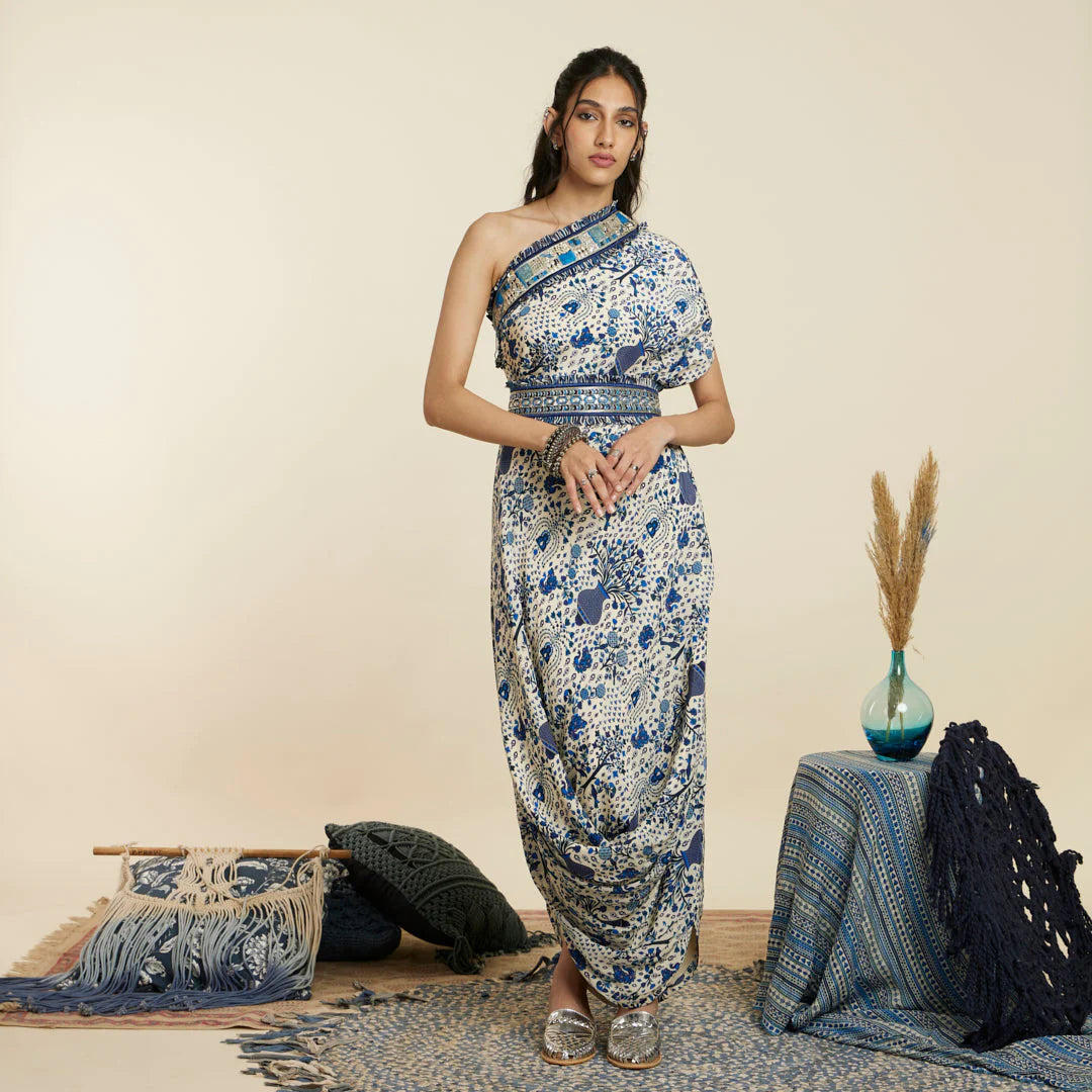 BLUE SAFAR JAAL PRINT ONE SHOULDER COWL DRESS