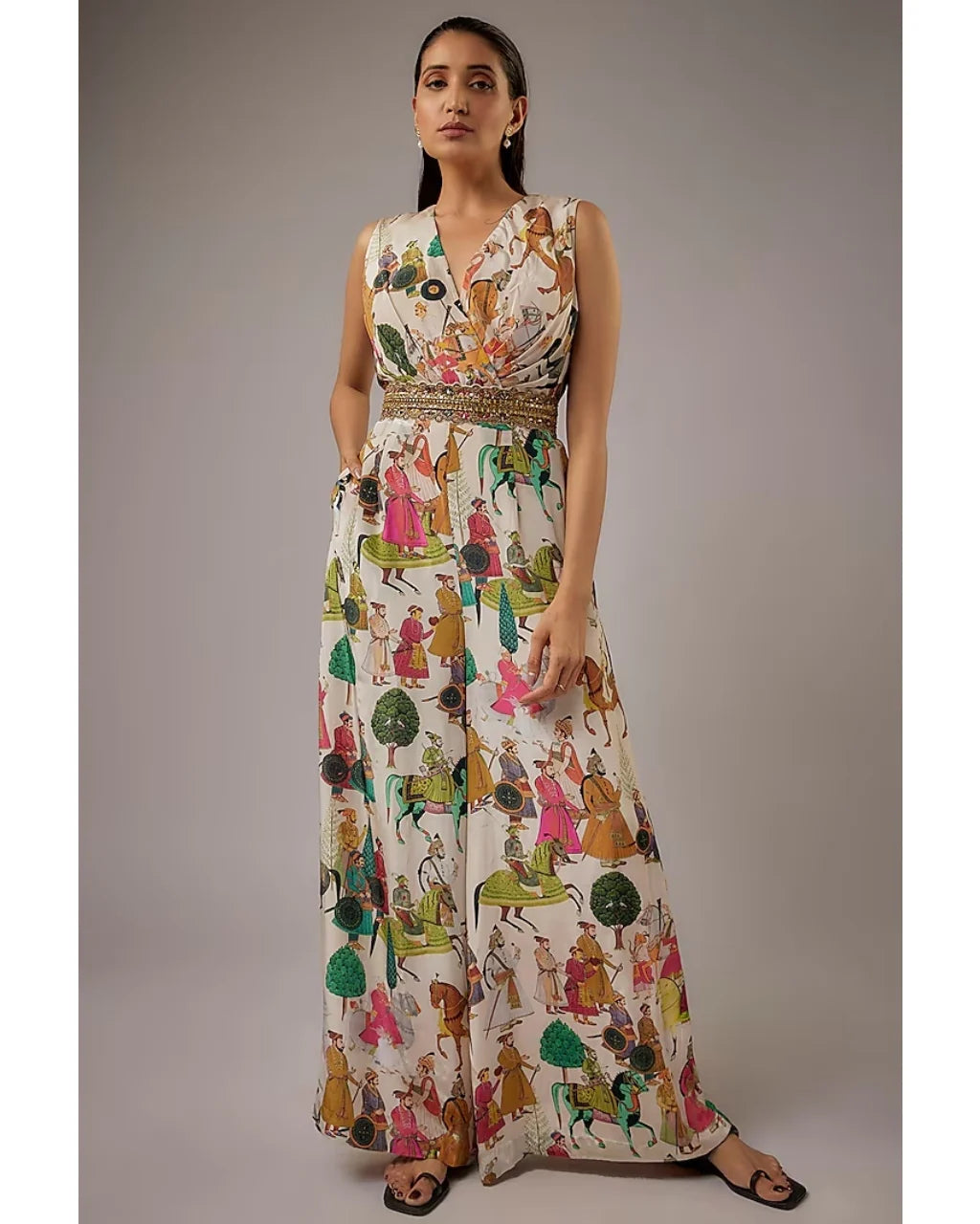 Ivory Printed Jumpsuit With Cape Set