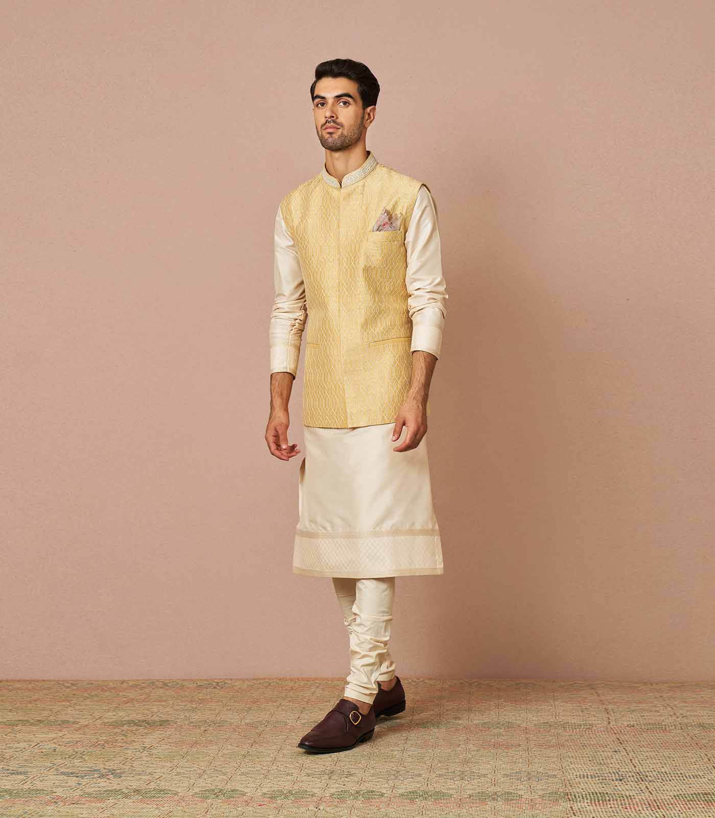 PASTEL YELLOW ADEM THREADWORK EMBROIDERED BANDI SET