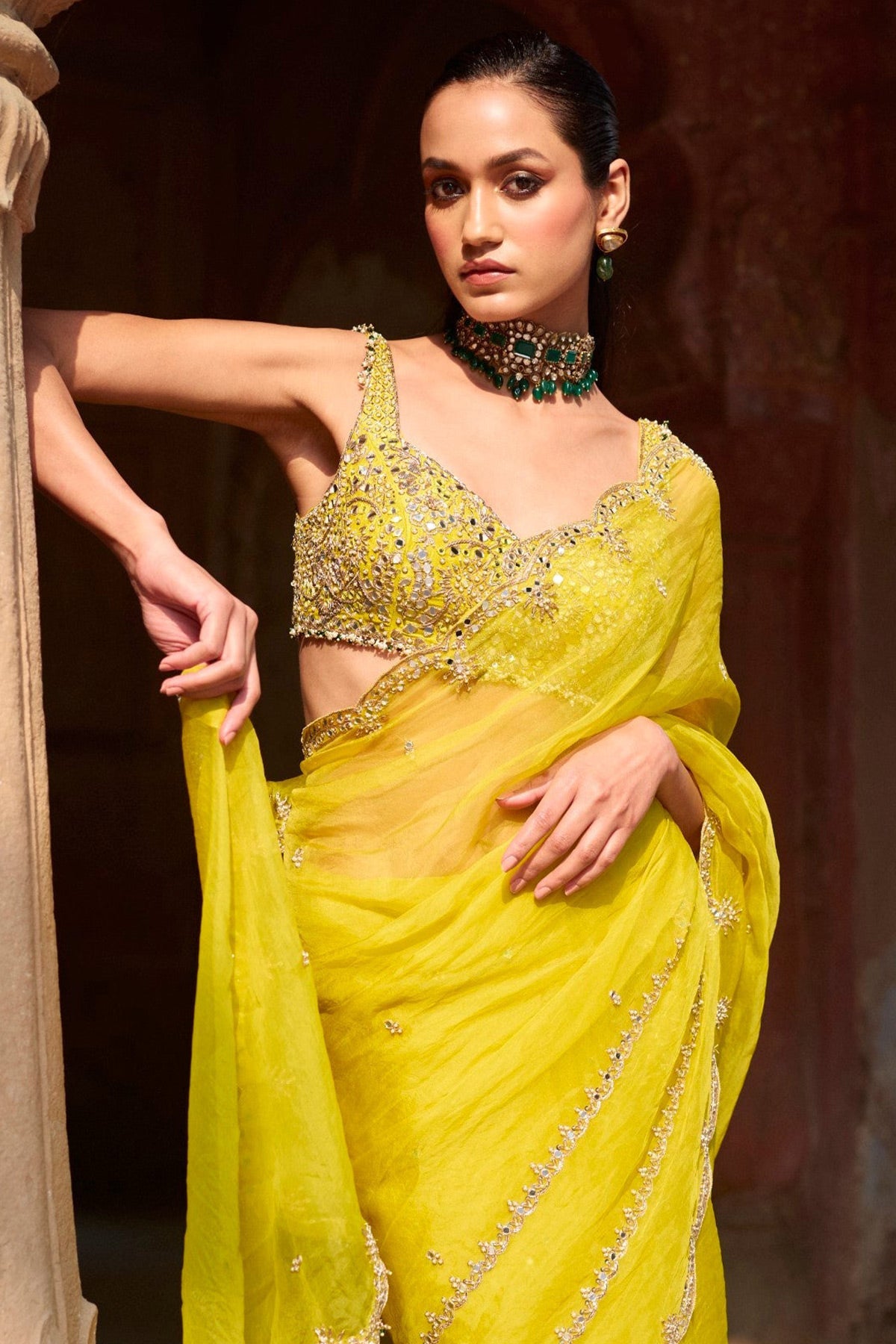 Lime Yellow Organza Saree Set