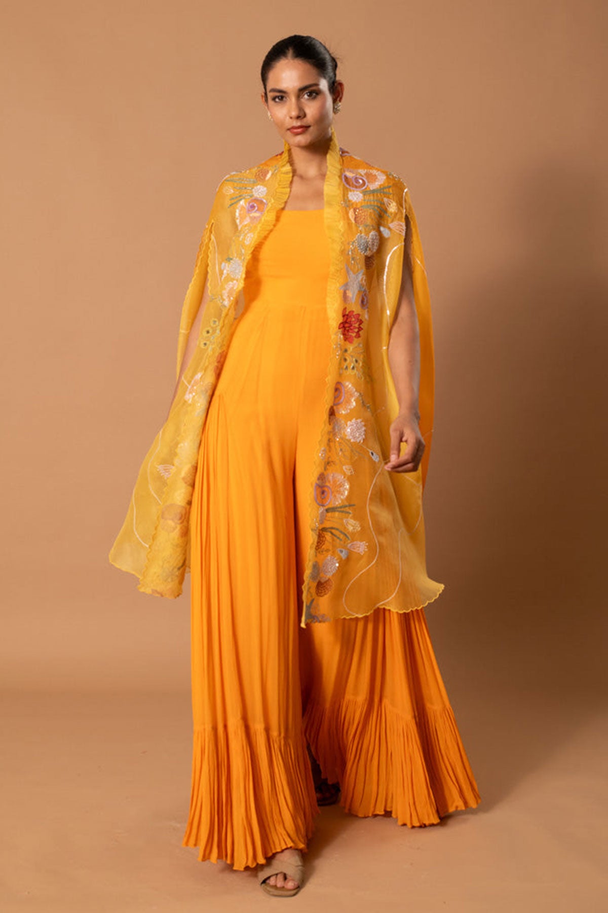 Citrine Soirée Mustard Yellow Georgette Jumpsuit with Handpainted Organza Cape