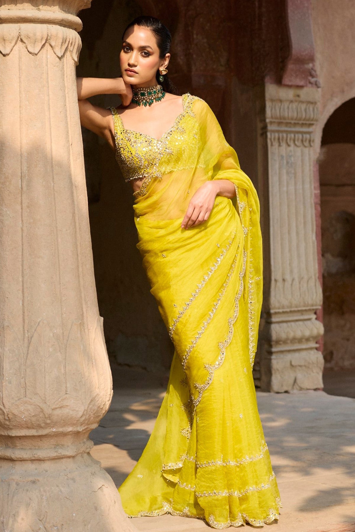 Lime Yellow Organza Saree Set