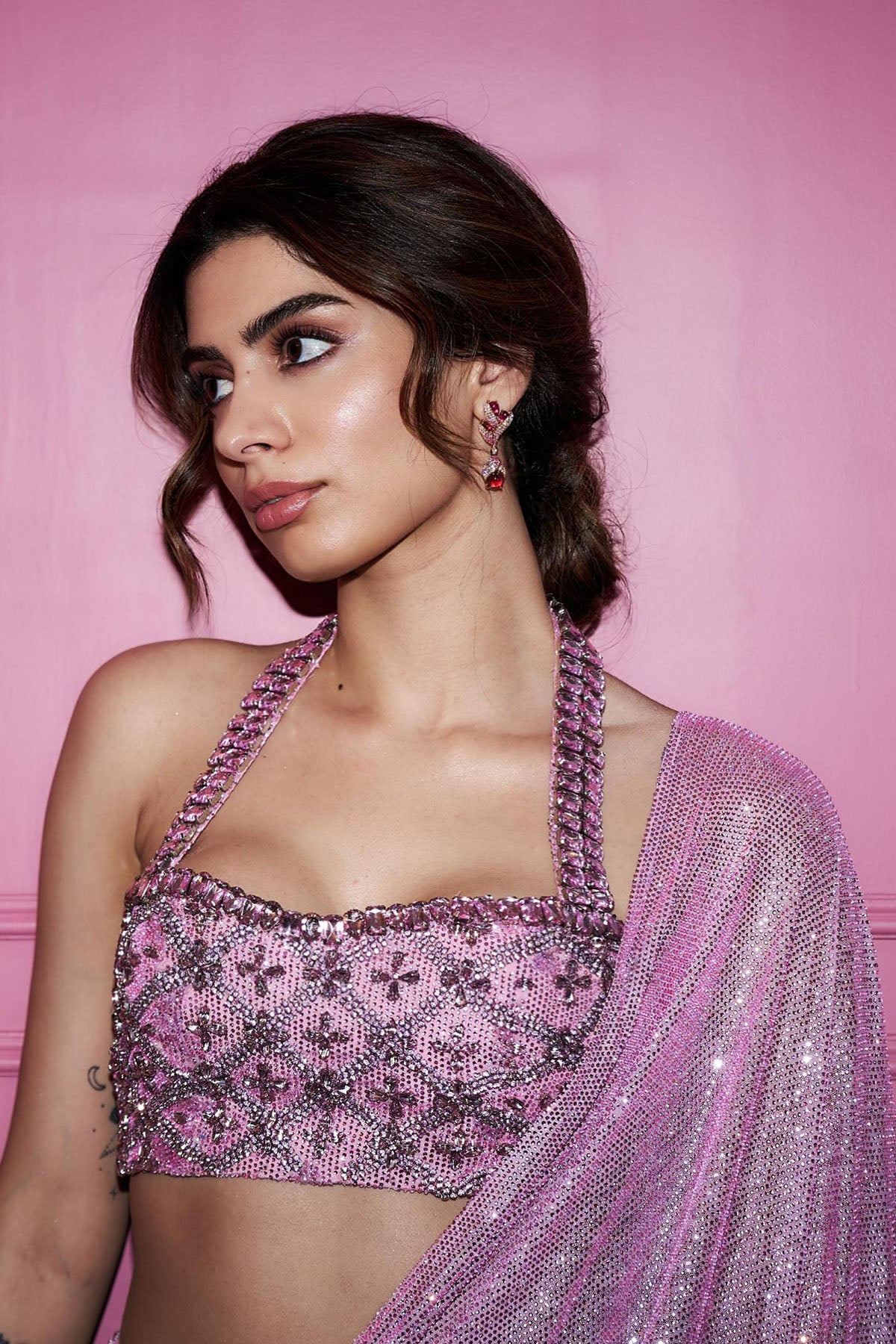 Khushi Kapoor in Pink Mystic Saree Set