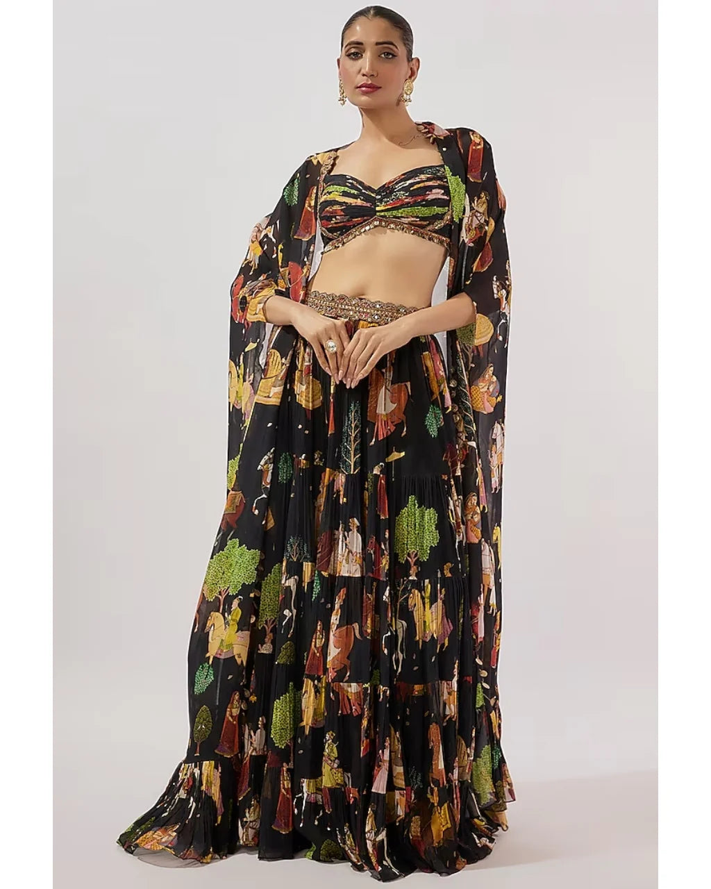 Block Flowy Mughal Printed Cape and Skirt Set