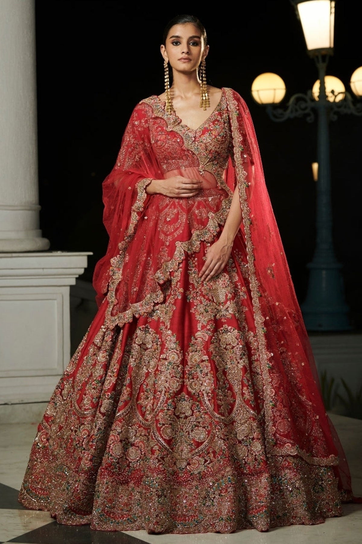 "Aubre" Crimson Raw Silk Bridal Lehenga Set