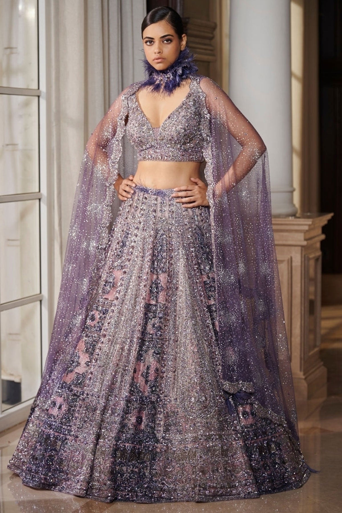 "Soft Humor" Berry Blue Shimmer Tulle Bridal Lehenga Set