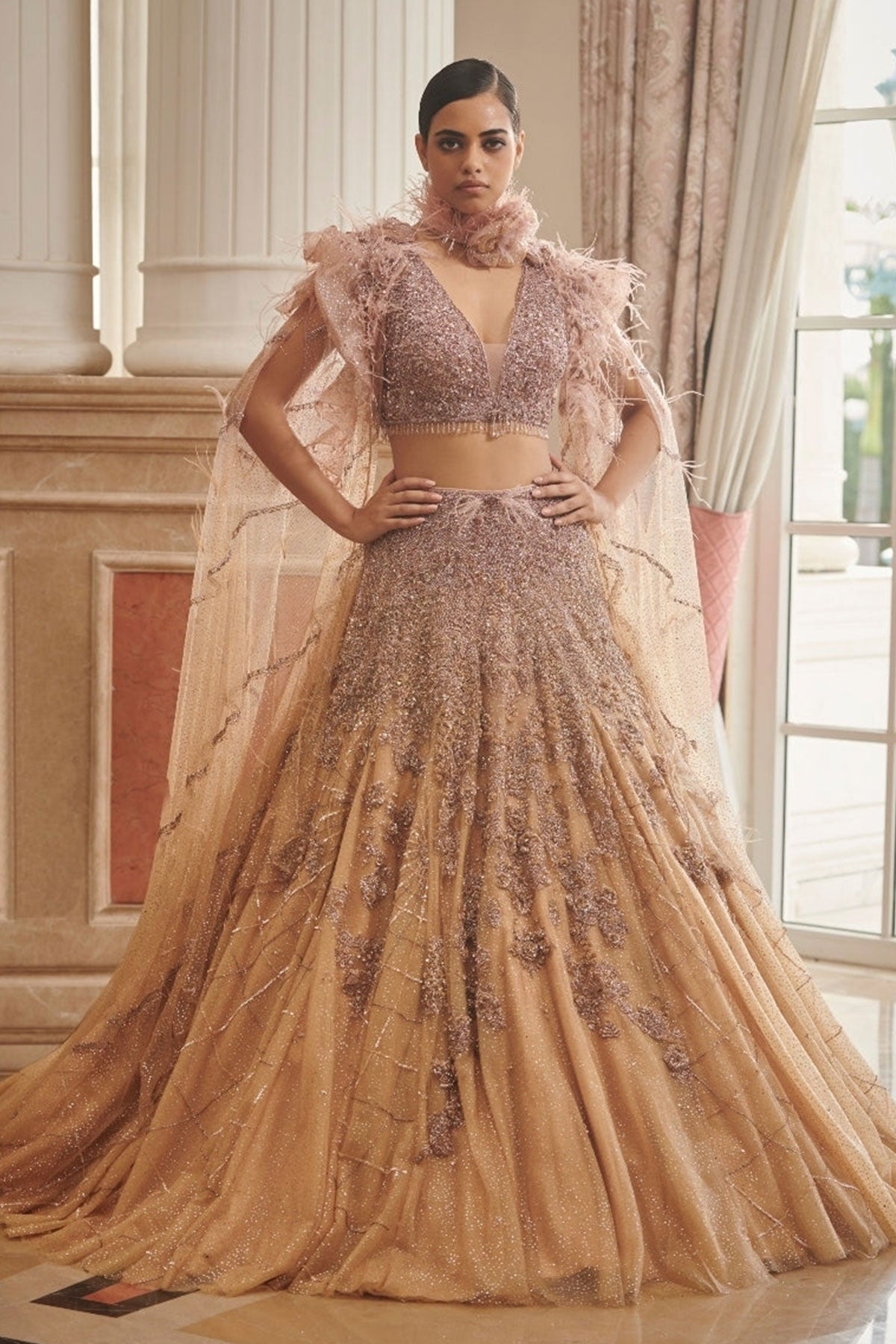 "Elaine" Blush Pink Shimmer Tulle Ombre Lehenga Set