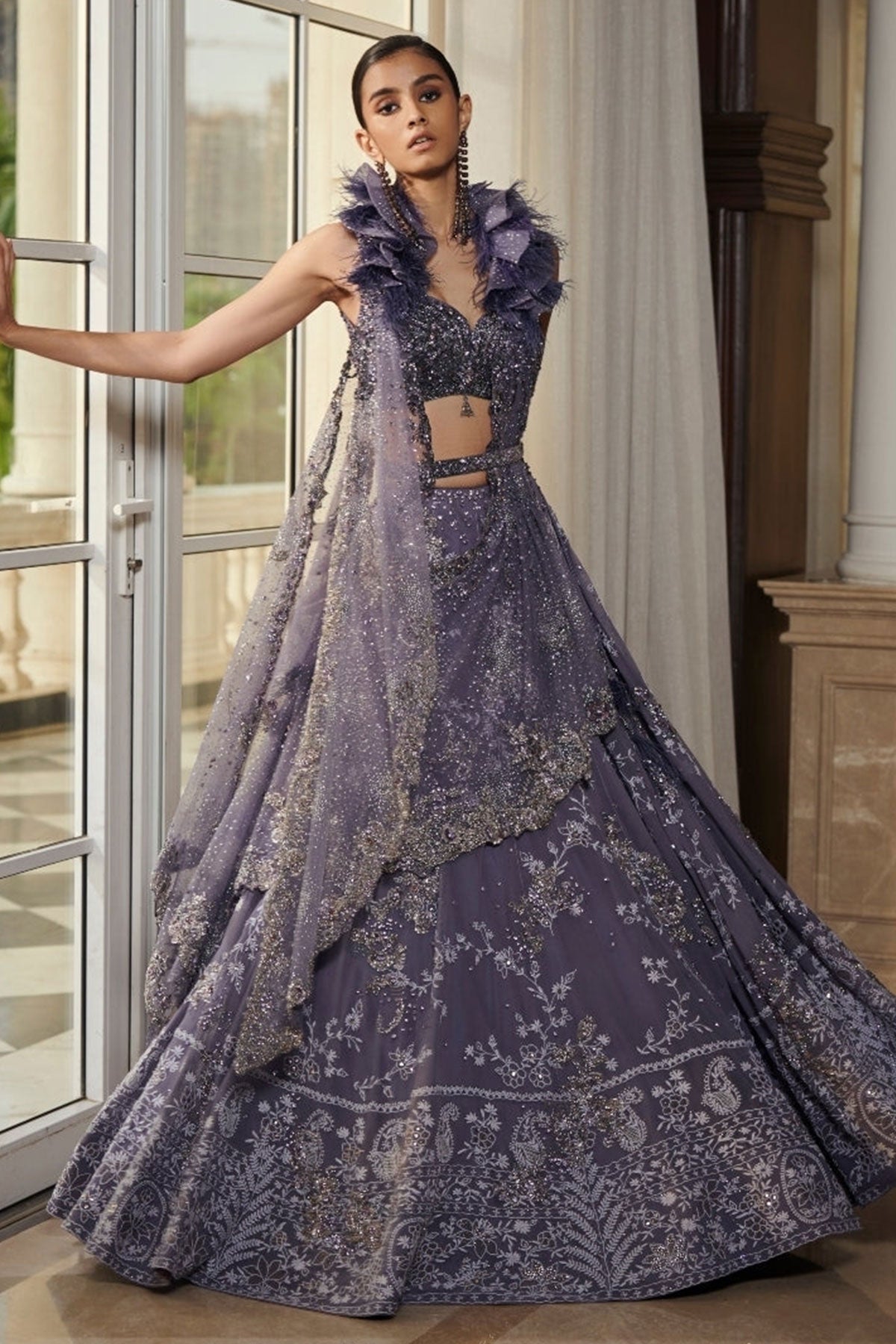 "Nylah" Leaden Blue Chikankari Chiffon Lehenga Set