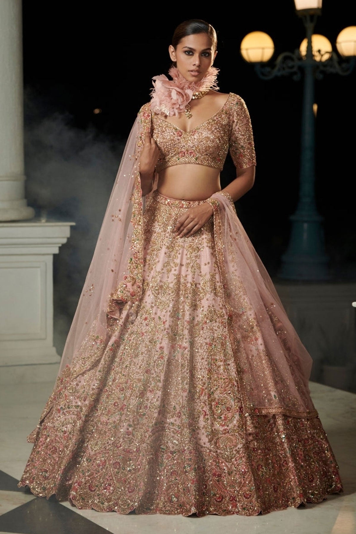 "Roseate" Blush Peach Raw Silk Bridal Lehenga Set