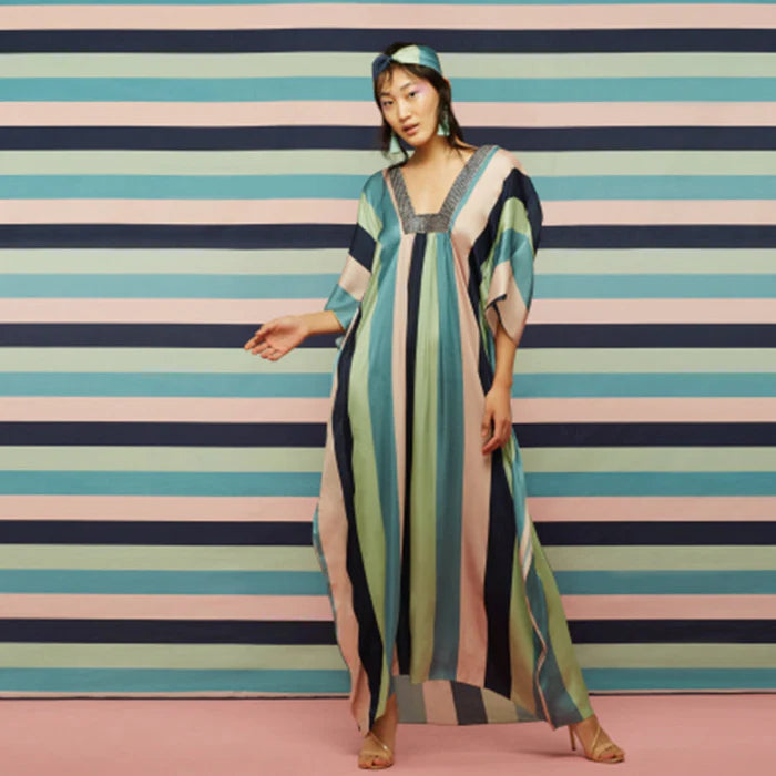 KAFTAN- BOLD STRIPED KAFTAN WITH GALEECHA TEXTURED NECKLINE