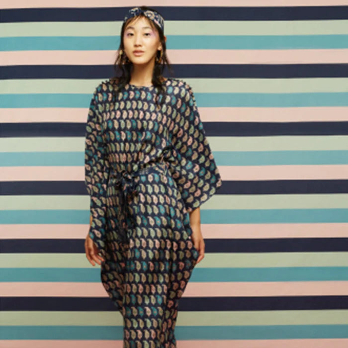 KAFTAN- PERSIAN PAISLEY PRINT SILK KAFTAN WITH A FLORALTIE-UP BELT