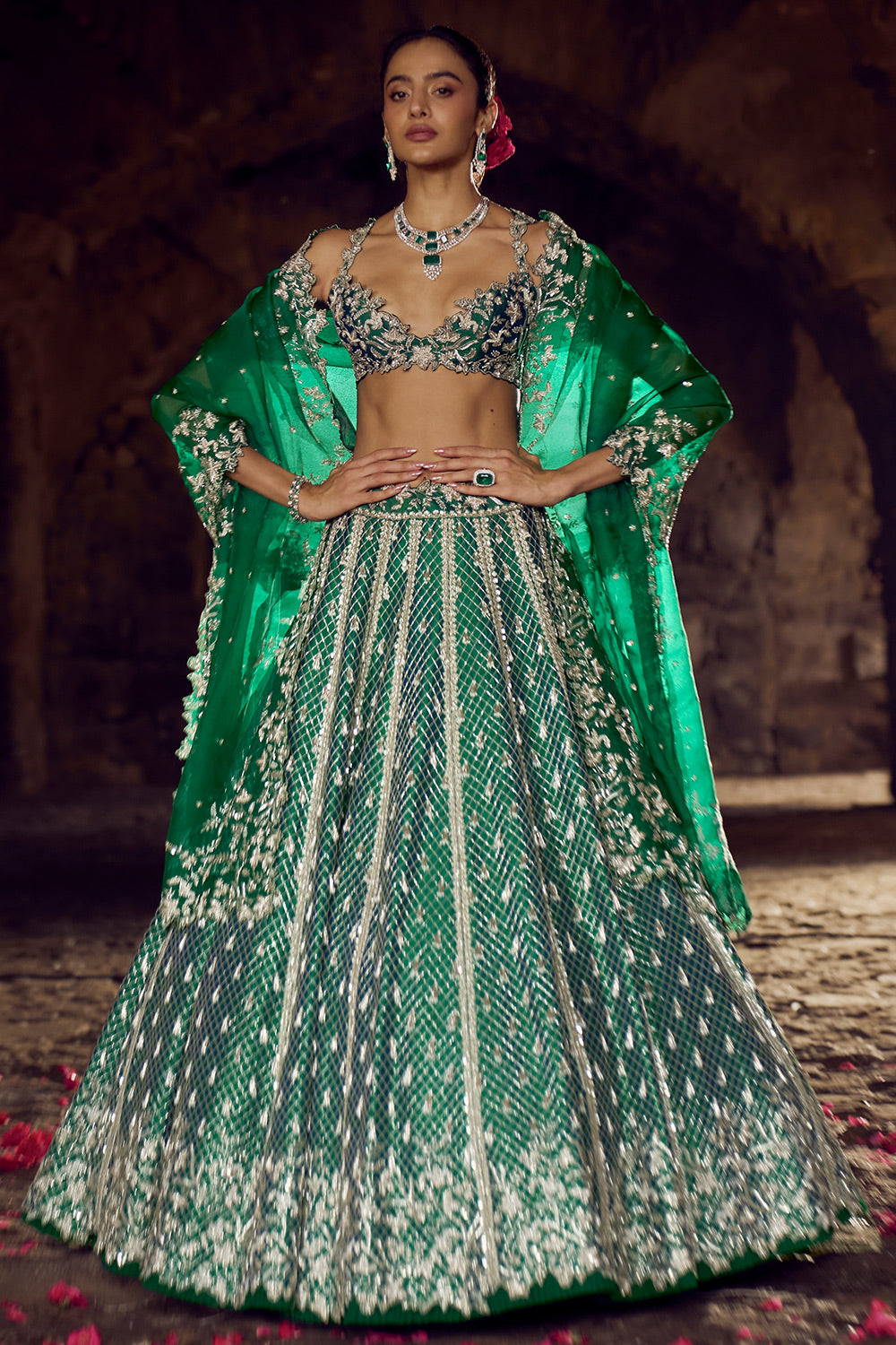EMERLAD GREEN HUSTLE LEHENGA SET