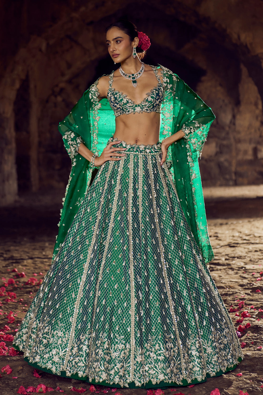 EMERLAD GREEN HUSTLE LEHENGA SET