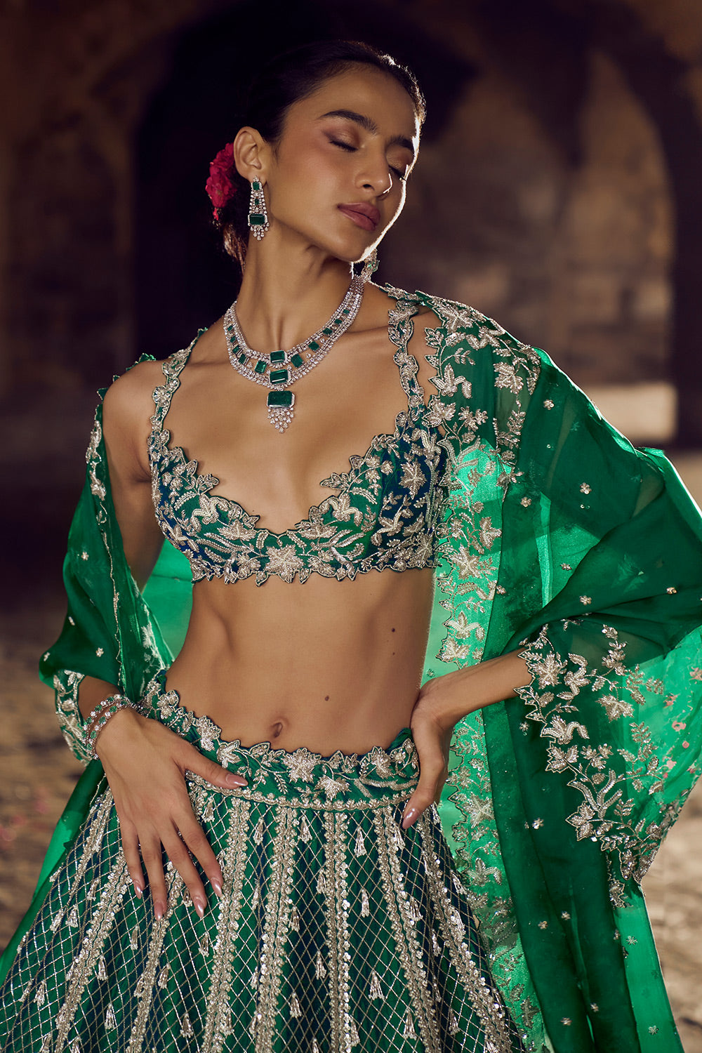 EMERLAD GREEN HUSTLE LEHENGA SET
