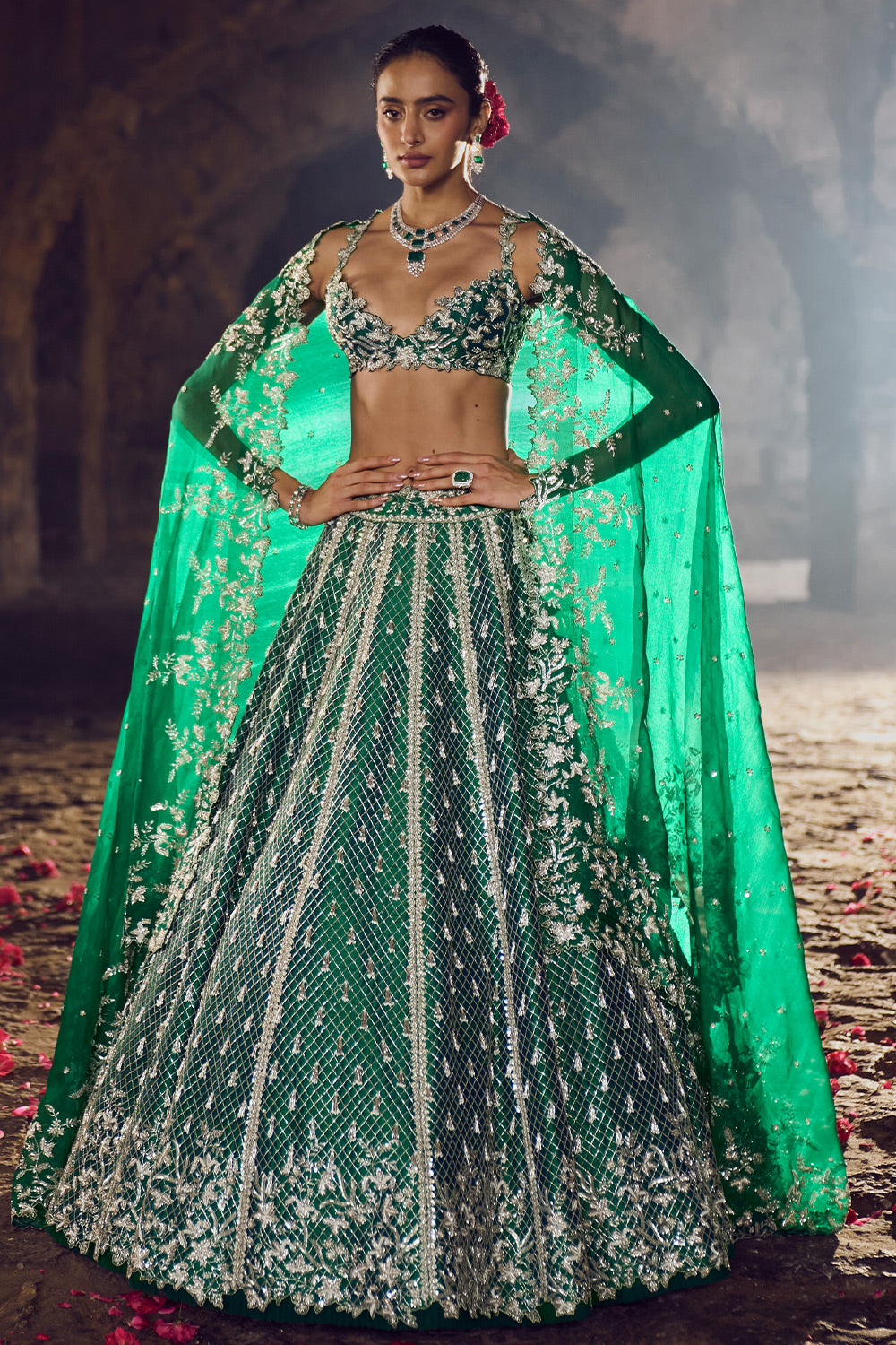 EMERLAD GREEN HUSTLE LEHENGA SET
