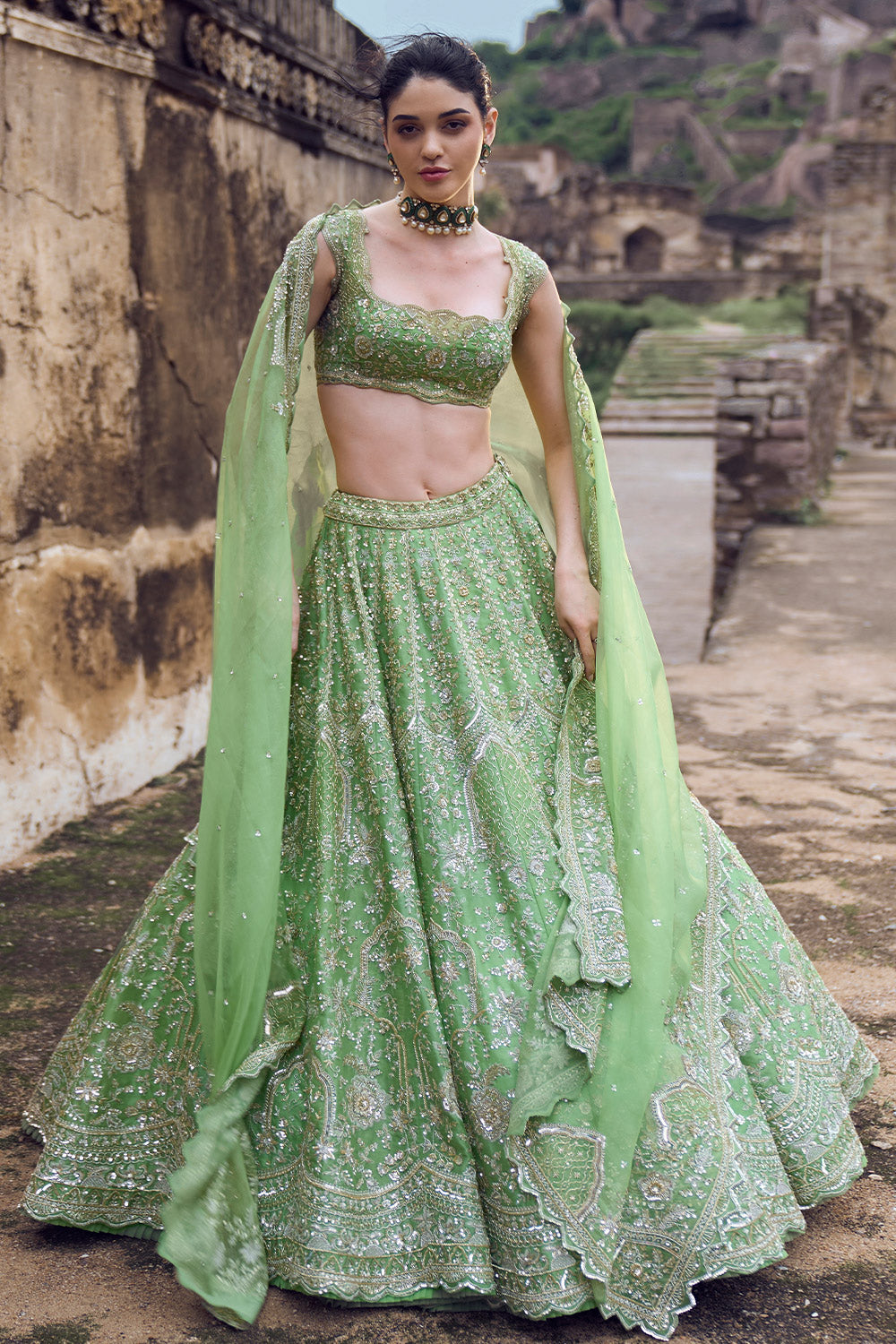 GREEN NAINA LEHENGA SET