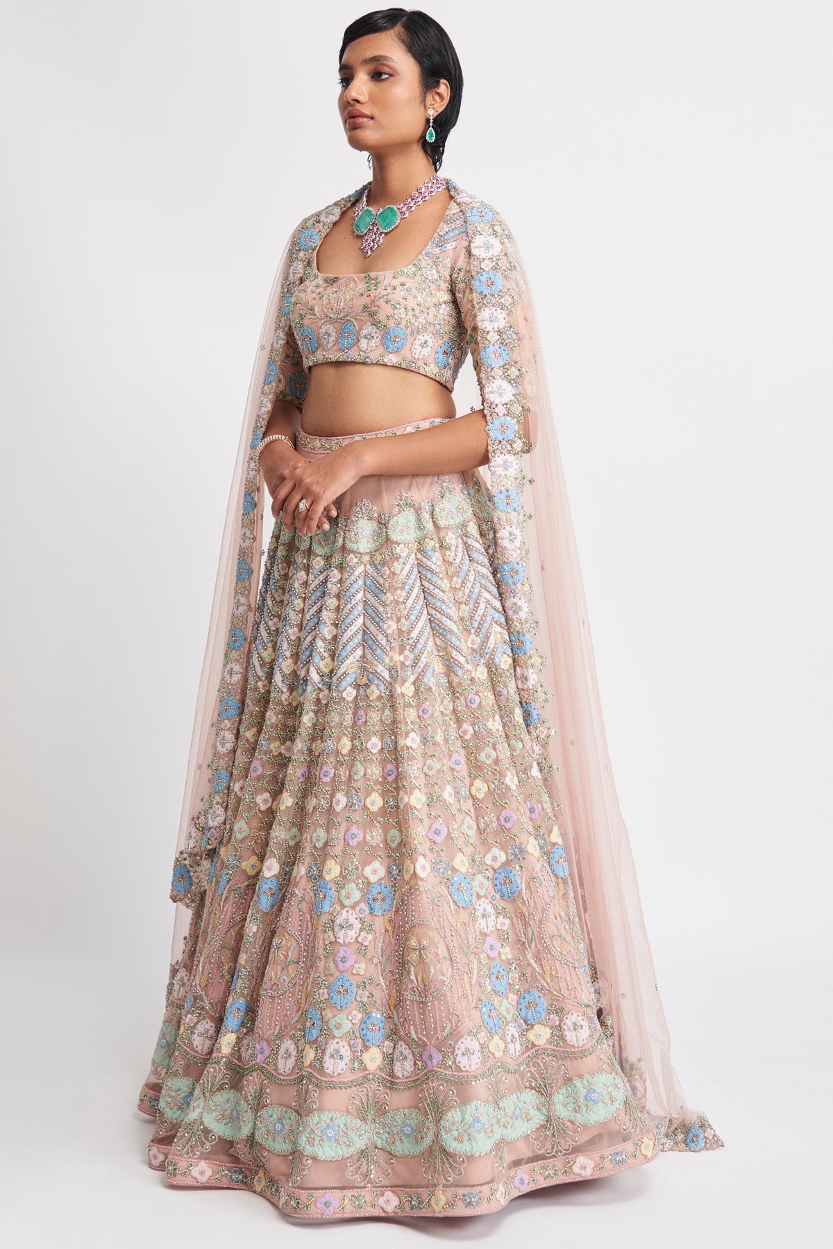 Layla - Apricot Tulle Net Lehenga Set (16 Panel)