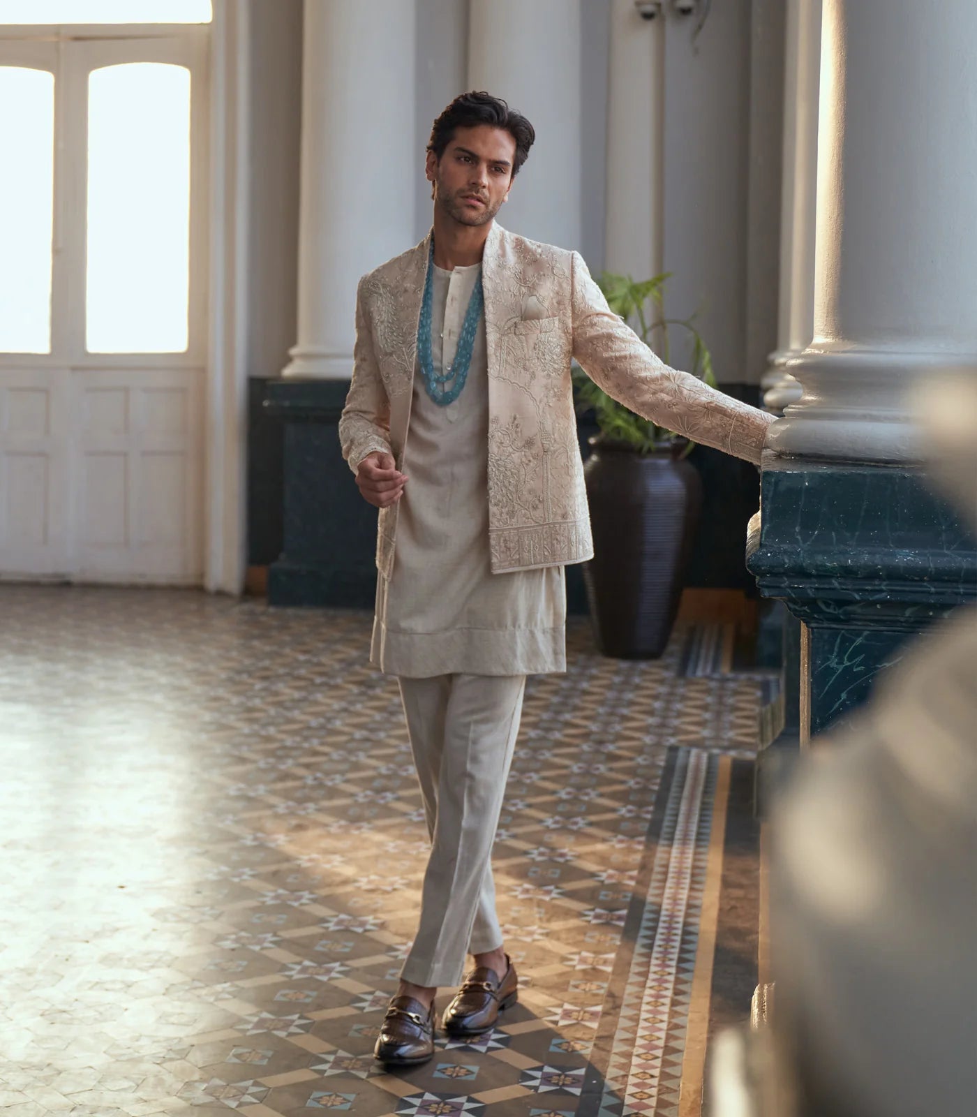 IVORY RAW SILK BANDHGALA SET