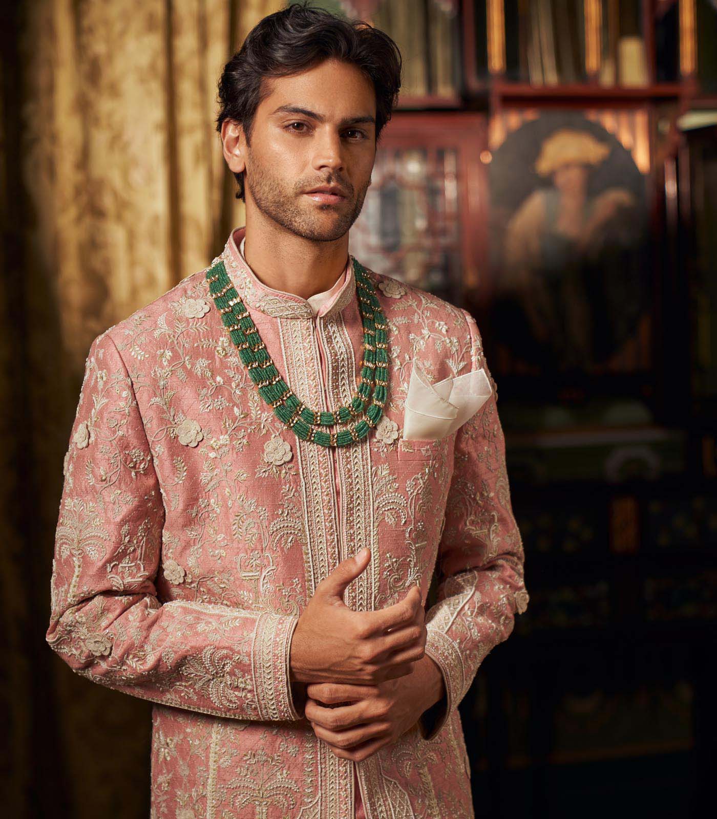 DUSTY ROSE RAW SILK SHERWANI SET