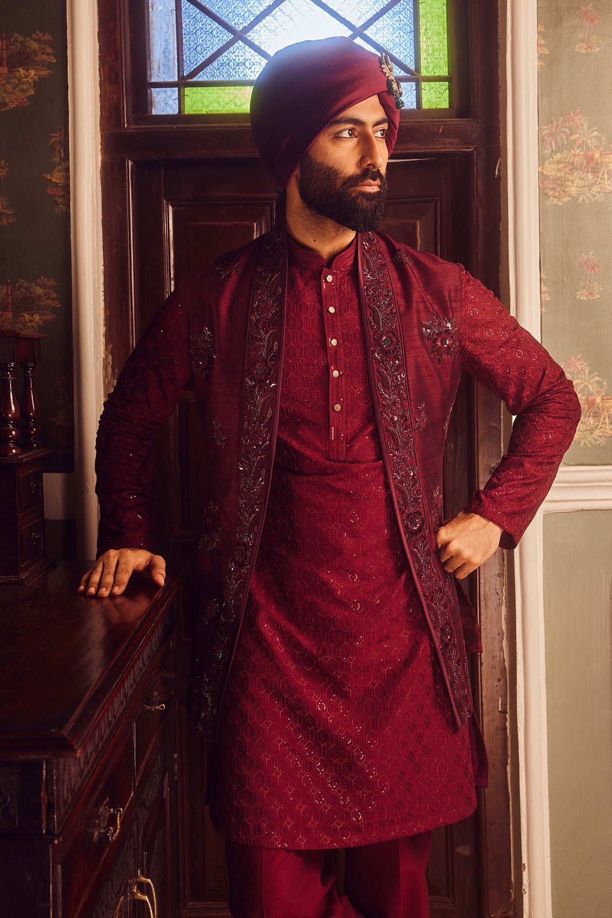 Ruby Chanderi Embroidered Open Kurta Bundi Set