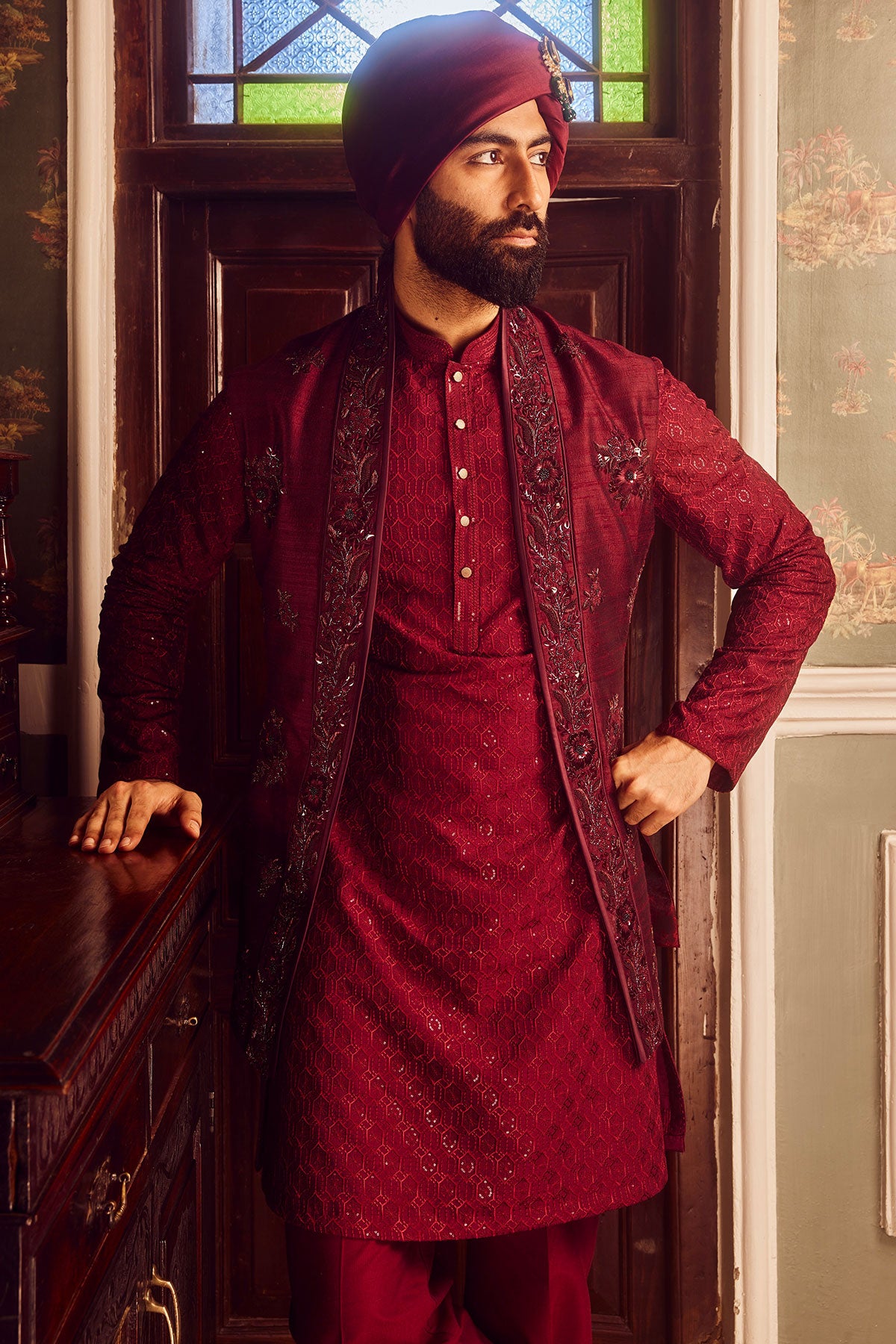 Ruby Chanderi Embroidered Open Kurta Bundi Set