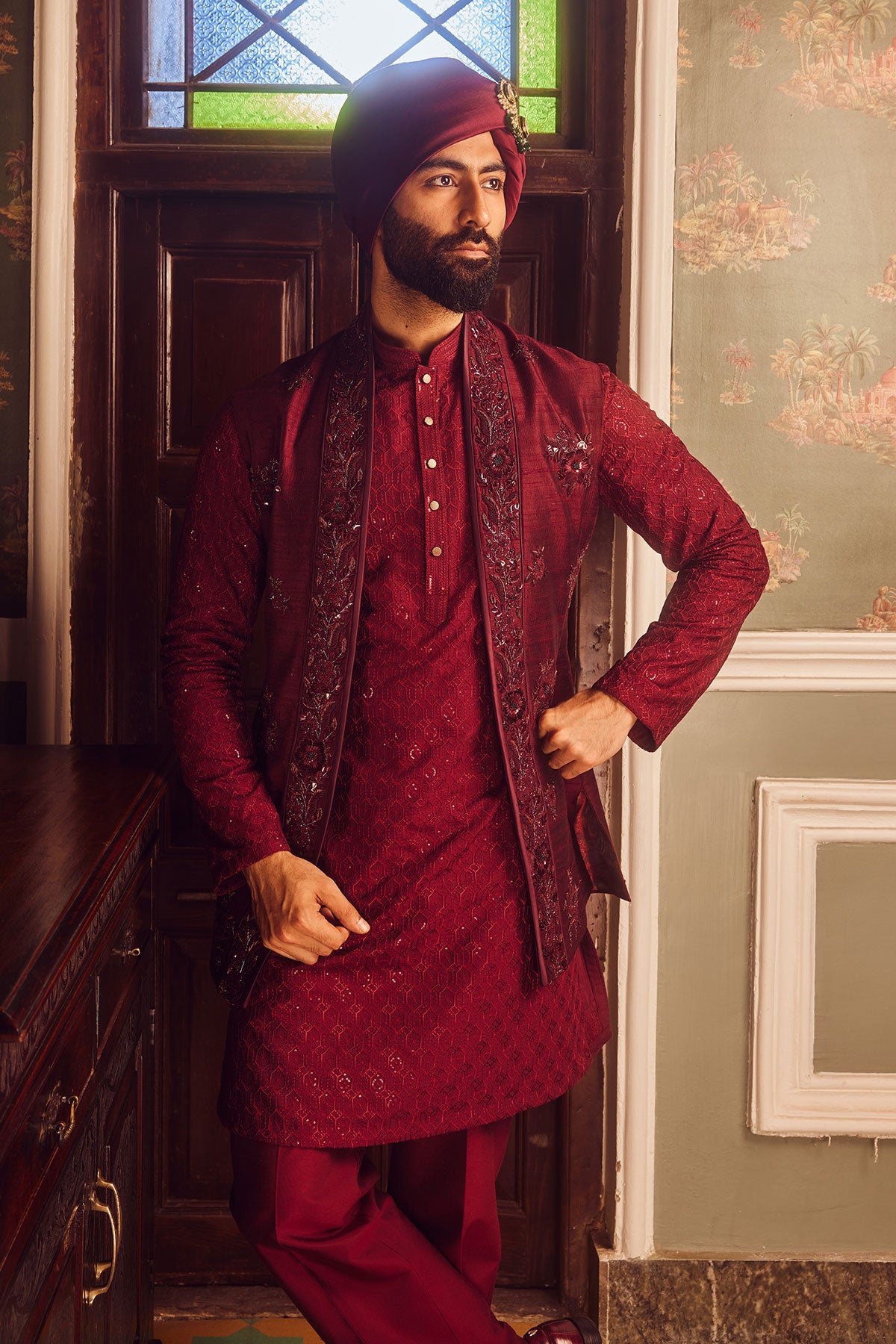 Ruby Chanderi Embroidered Open Kurta Bundi Set