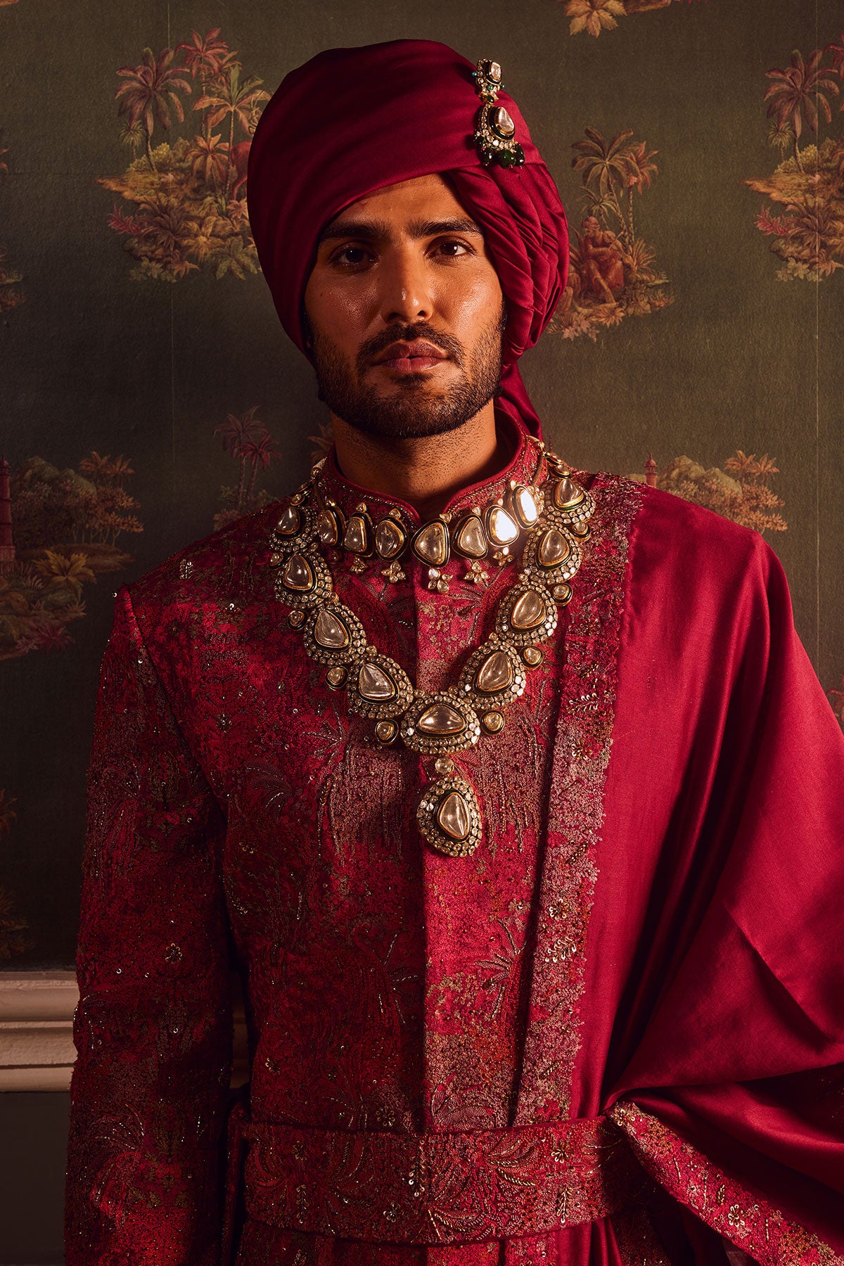 Wine Pitta Moti Silk Embroidered Sherwani