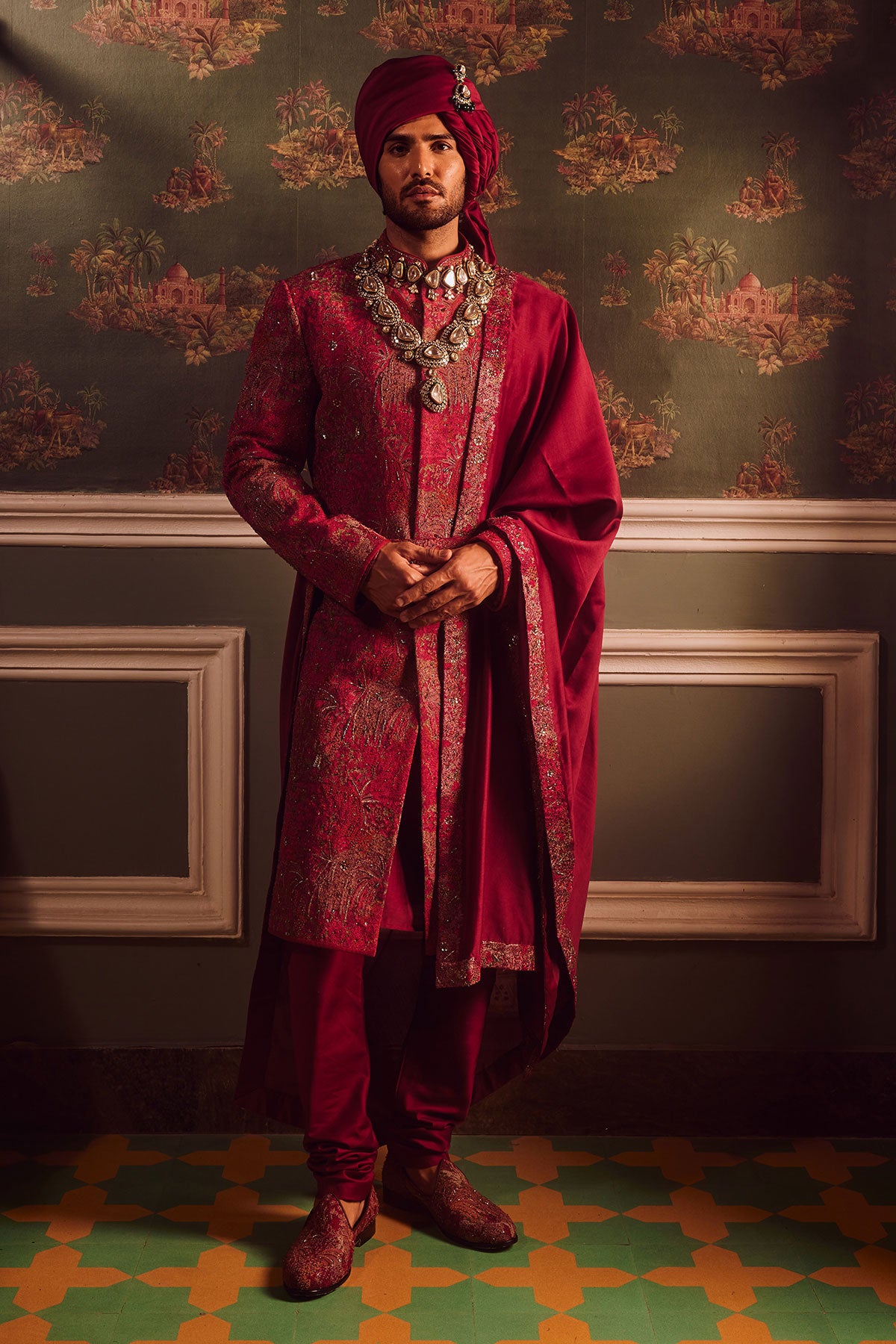 Wine Pitta Moti Silk Embroidered Sherwani