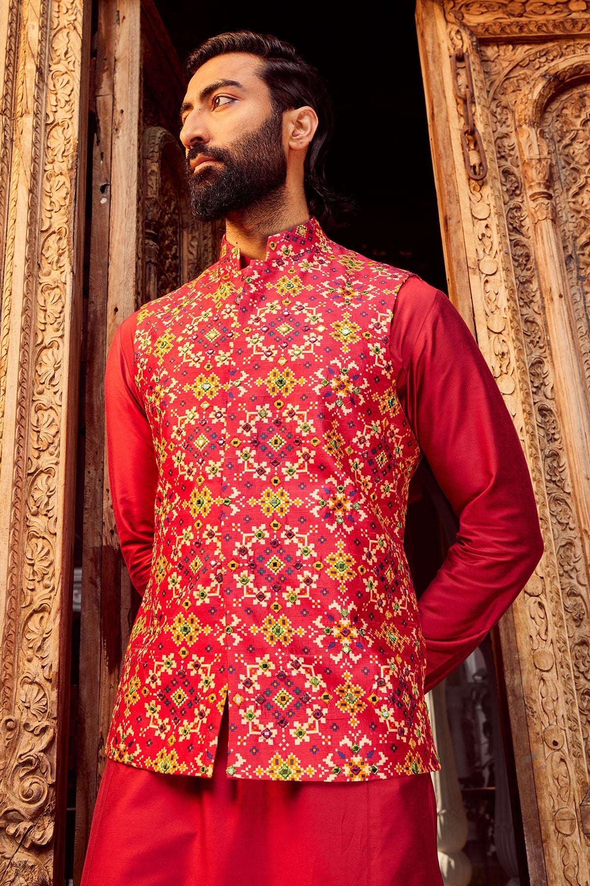 Rani Raw Silk Mirror Embellished Bundi Set