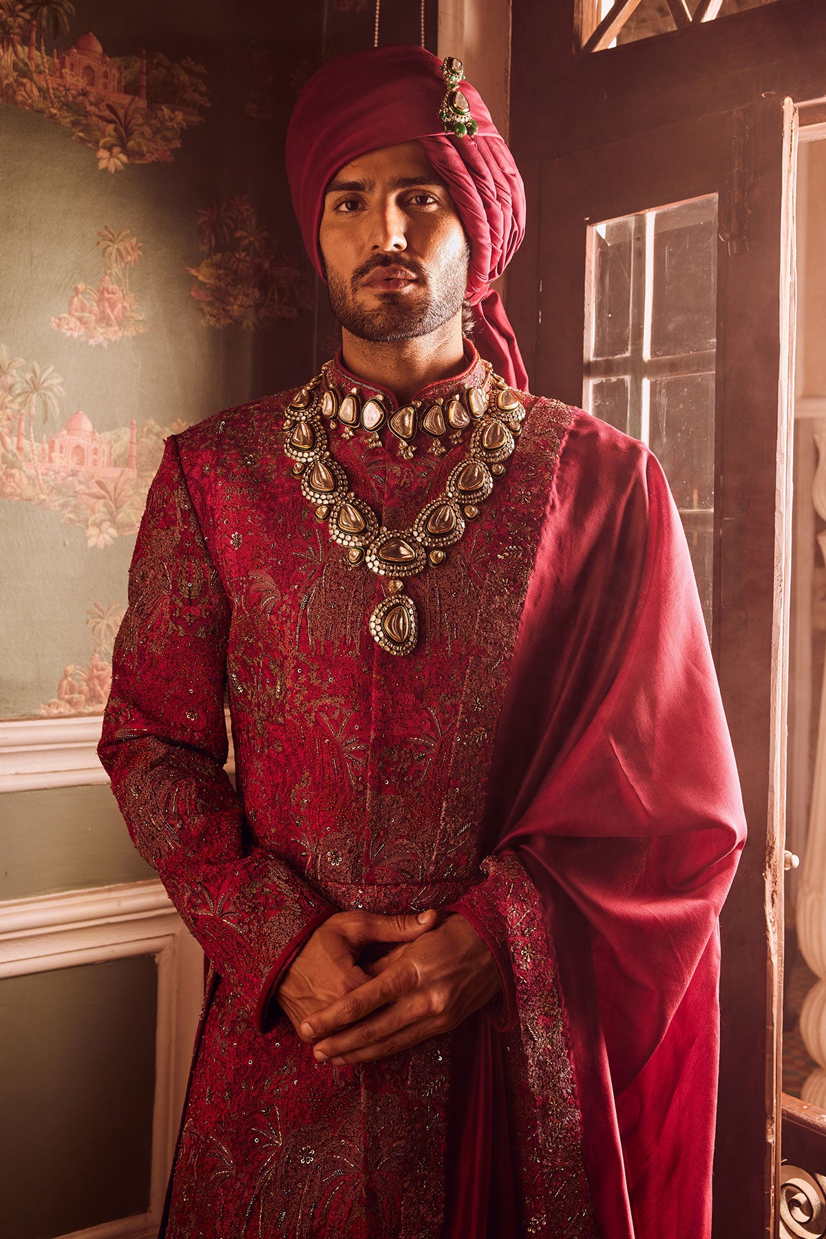 Wine Pitta Moti Silk Embroidered Sherwani
