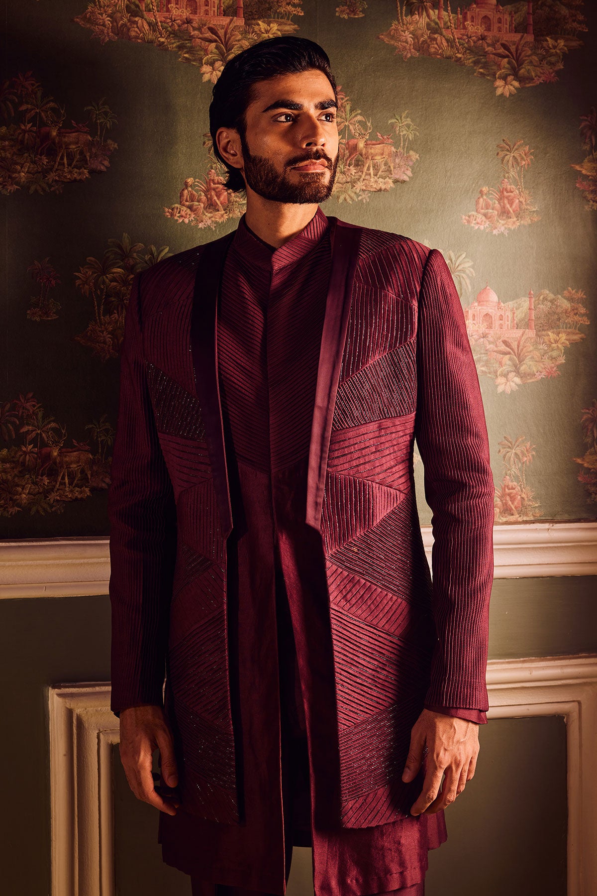 Maroon Chanderi Pintuck Cutdana Open Indowestern