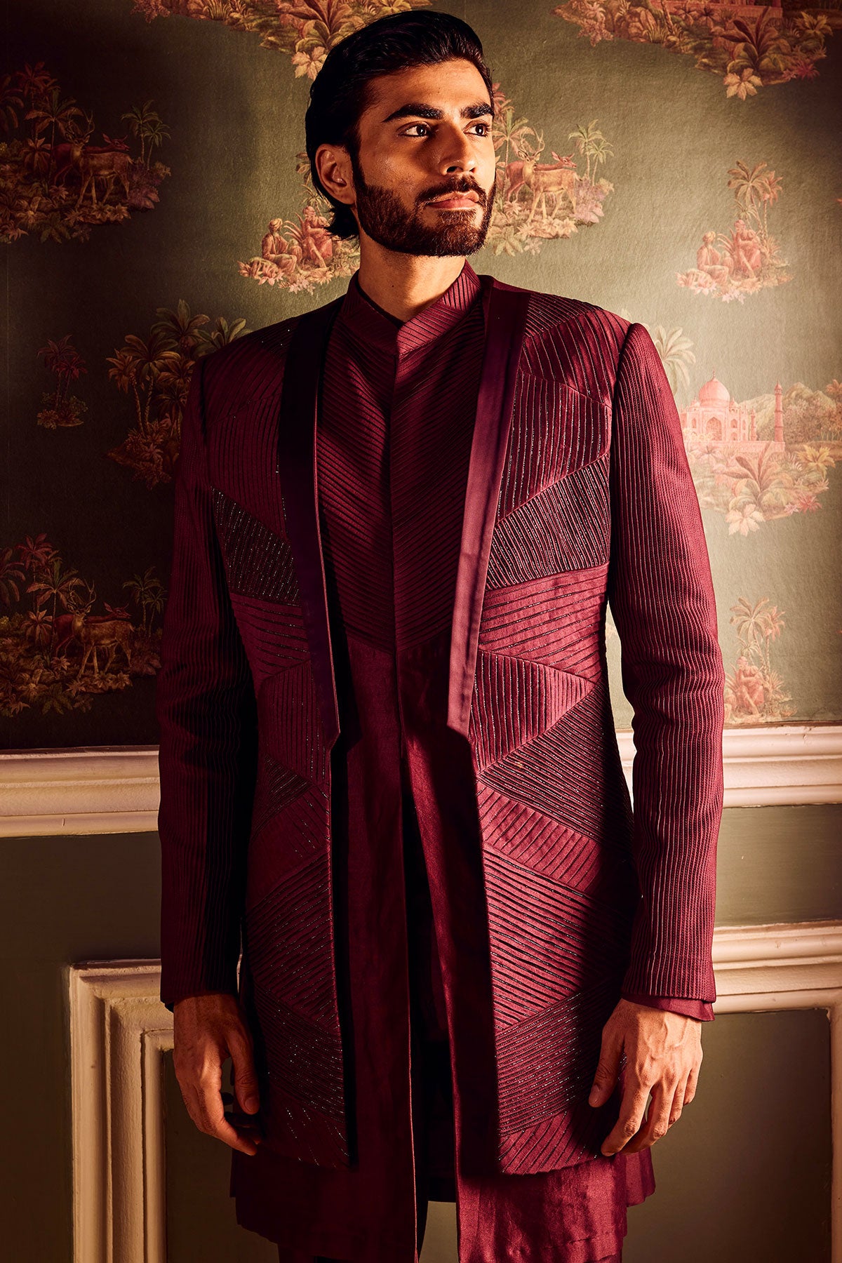 Maroon Chanderi Pintuck Cutdana Open Indowestern