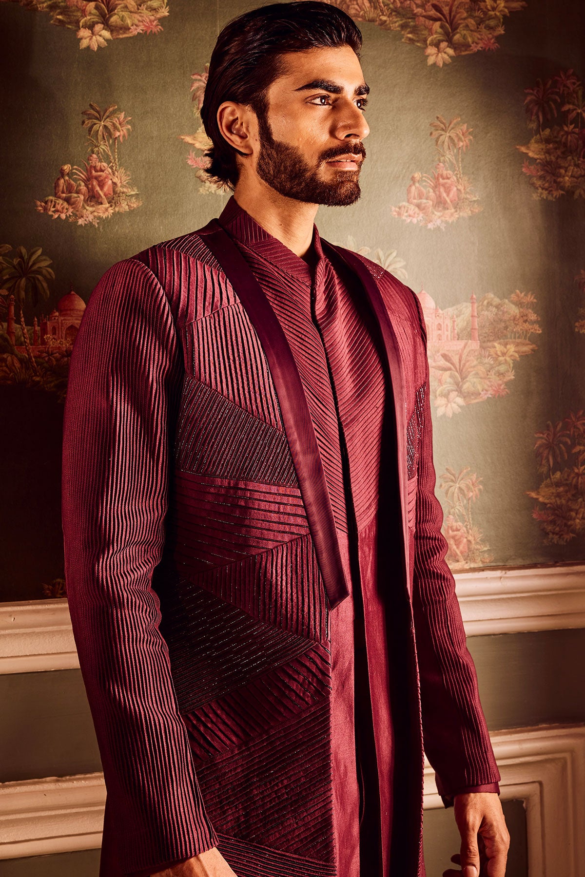 Maroon Chanderi Pintuck Cutdana Open Indowestern