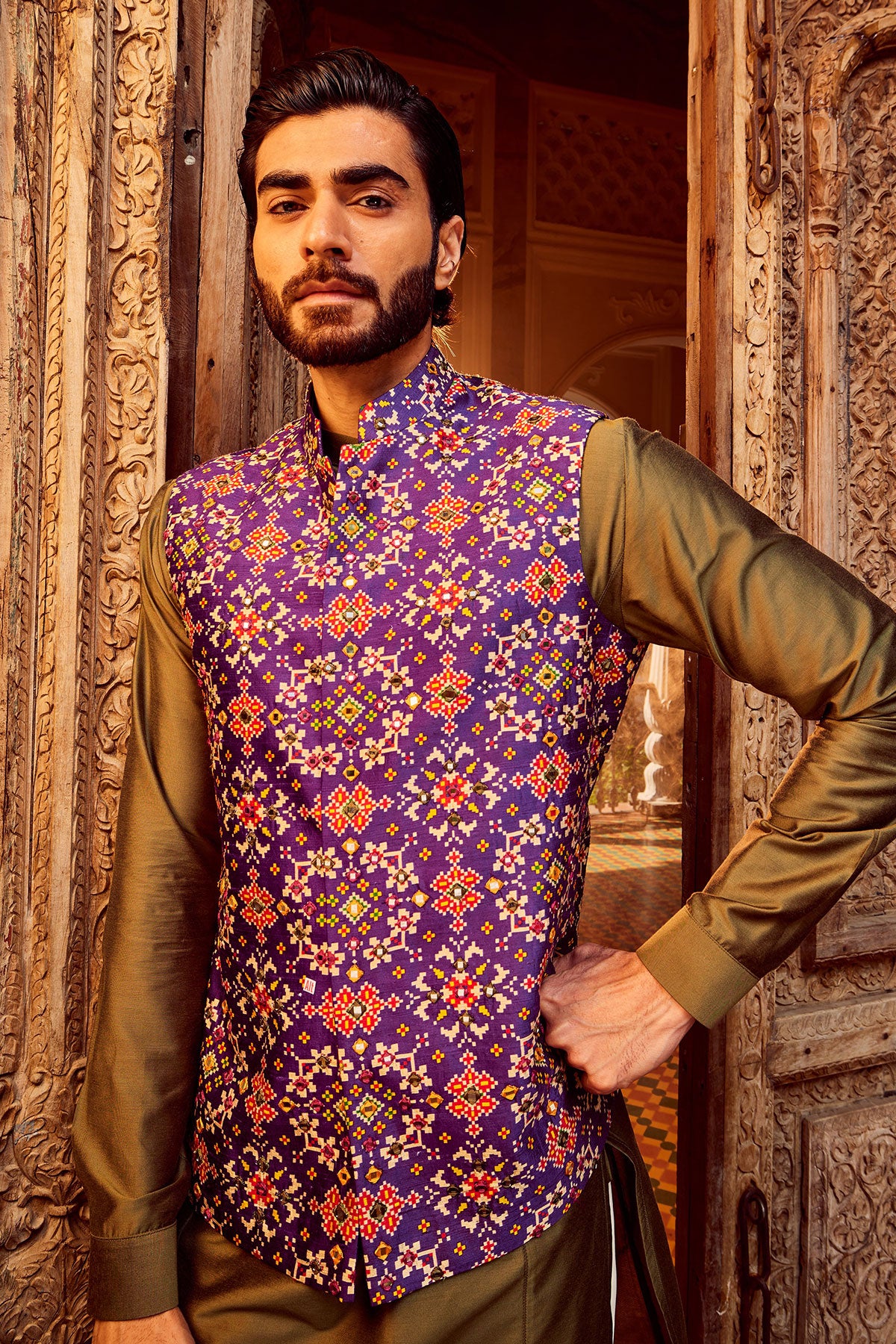 Purple Raw Silk Mirror Embellished Bundi Set