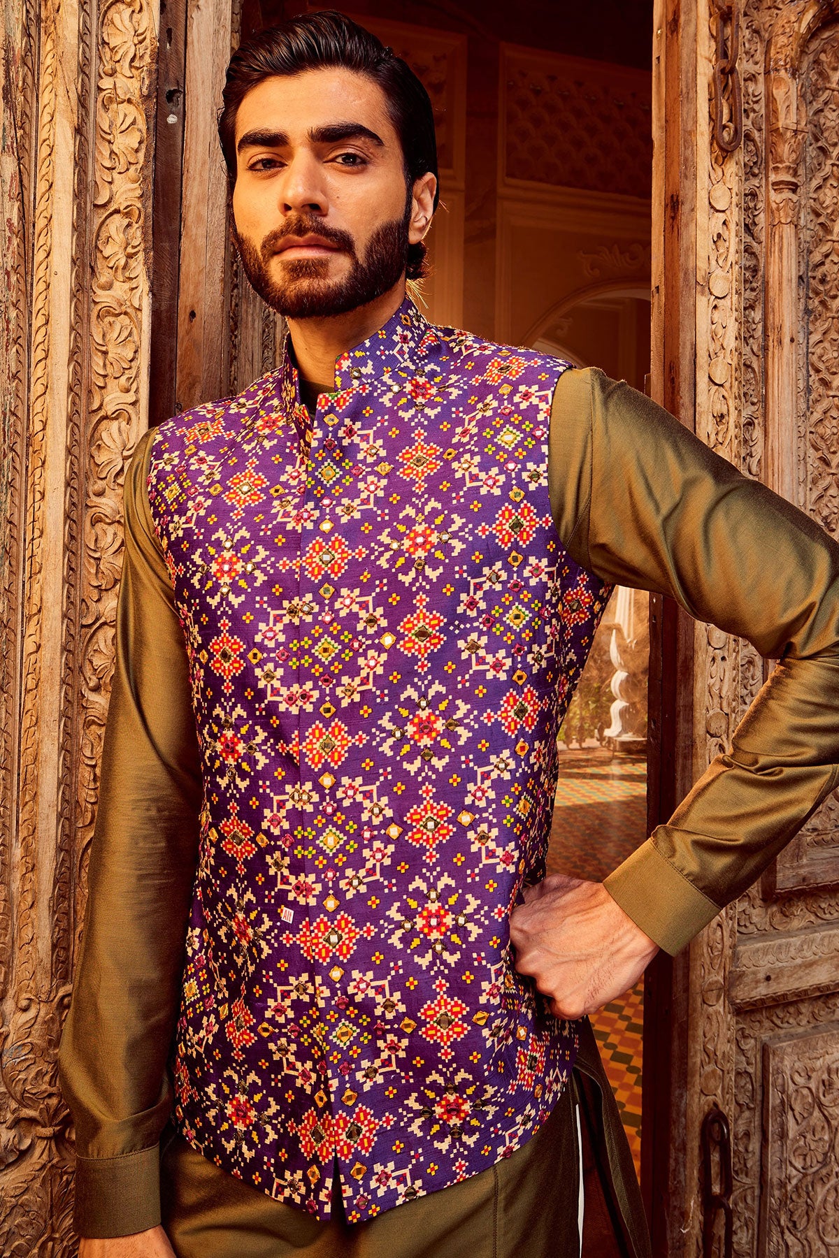 Purple Raw Silk Mirror Embellished Bundi Set