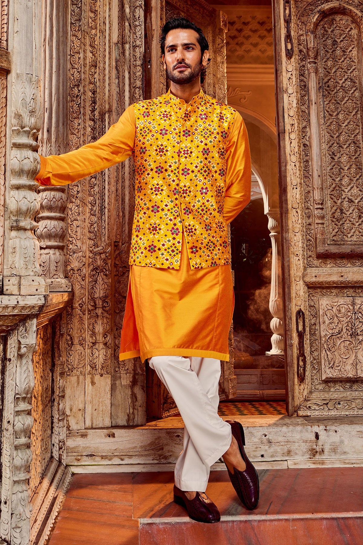 Haldi Raw Silk Mirror Embellished Bundi Set