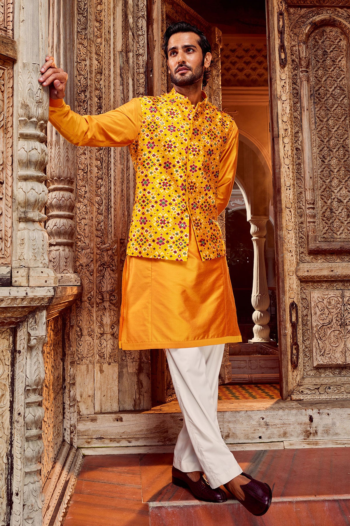 Haldi Raw Silk Mirror Embellished Bundi Set