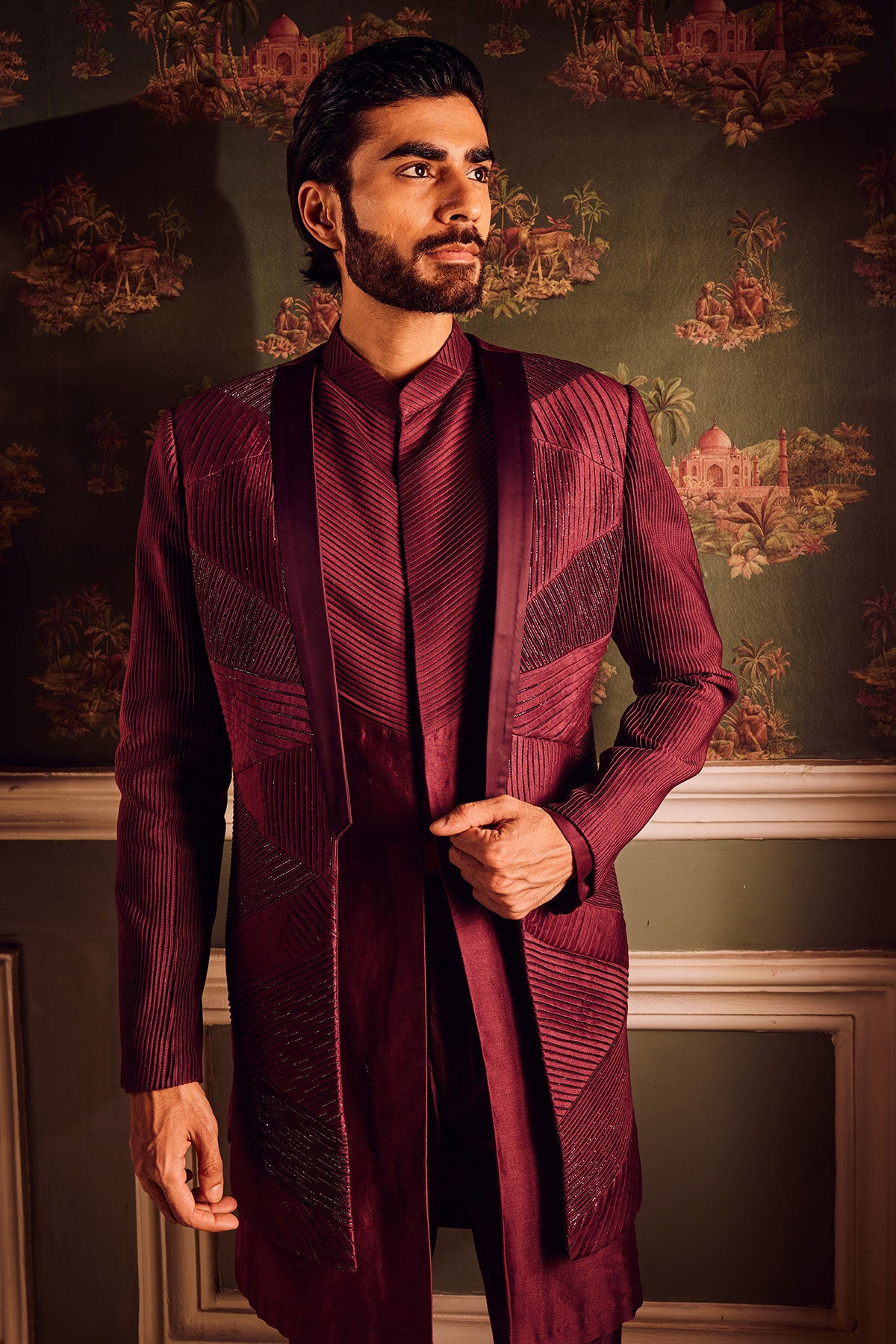 Maroon Chanderi Pintuck Cutdana Open Indowestern