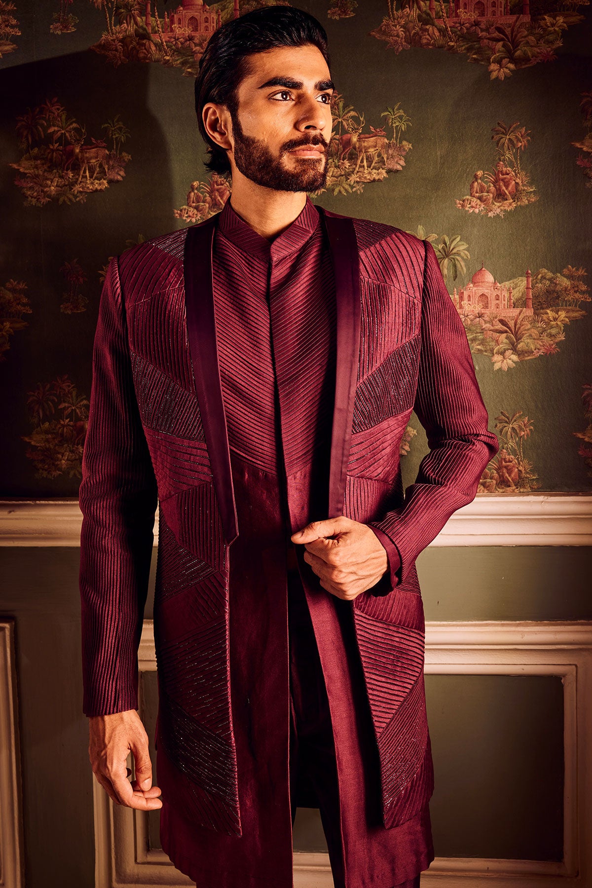 Maroon Chanderi Pintuck Cutdana Open Indowestern