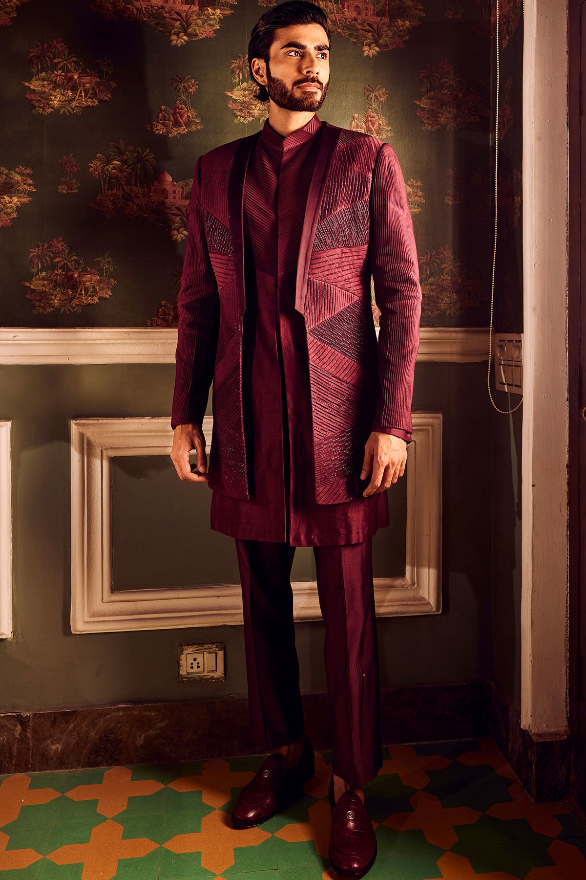 Maroon Chanderi Pintuck Cutdana Open Indowestern