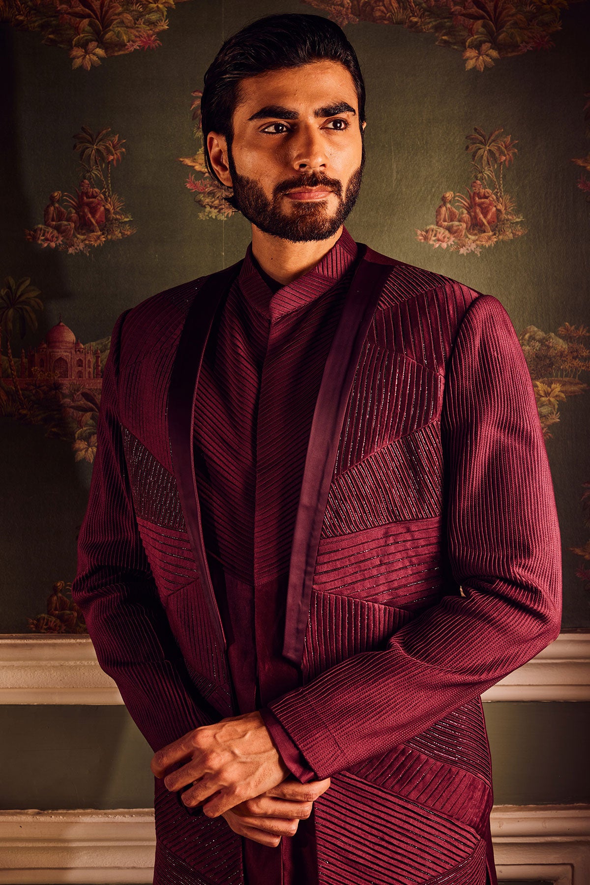 Maroon Chanderi Pintuck Cutdana Open Indowestern